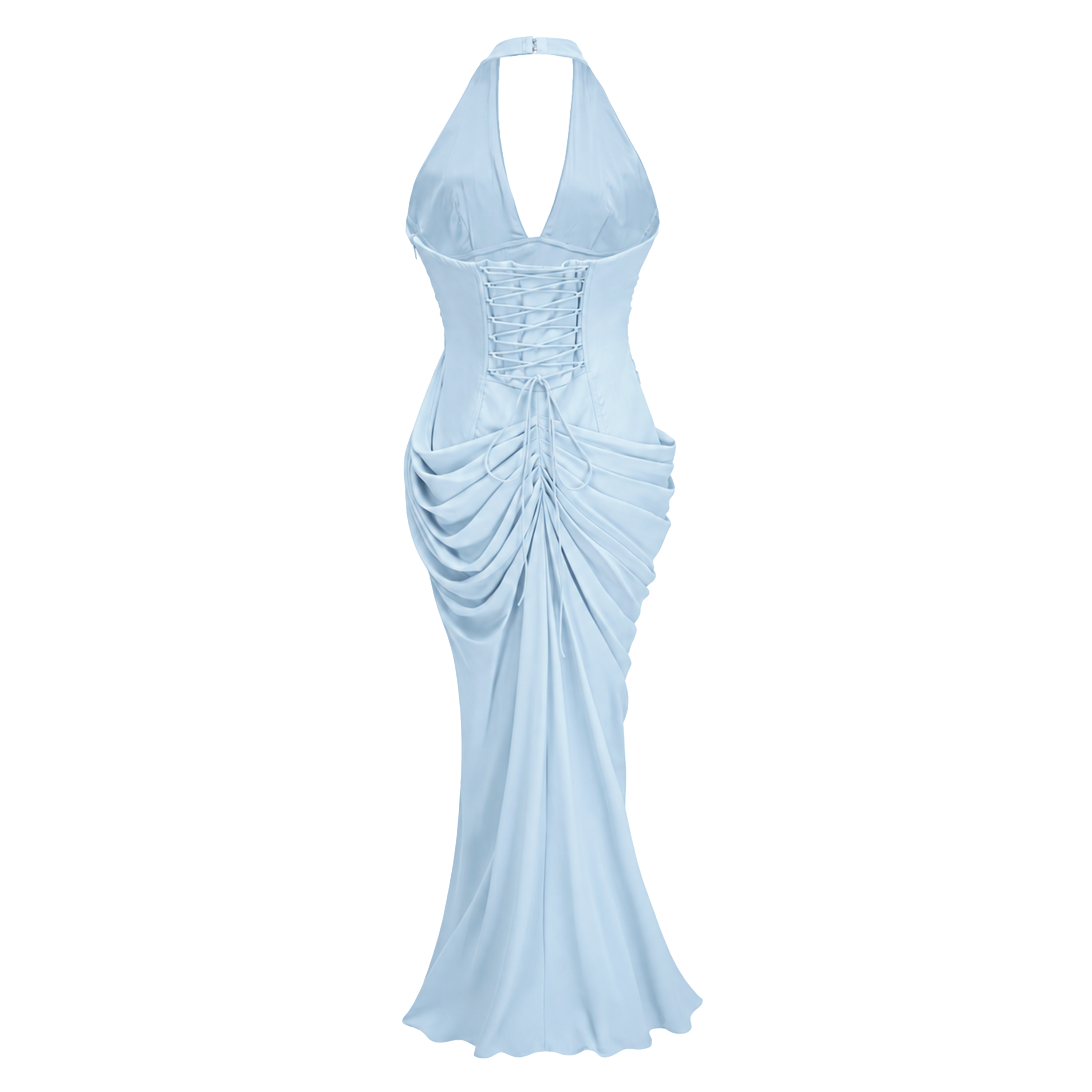 Ombeline Blue Halterneck Ruched Maxi Dress with Slit