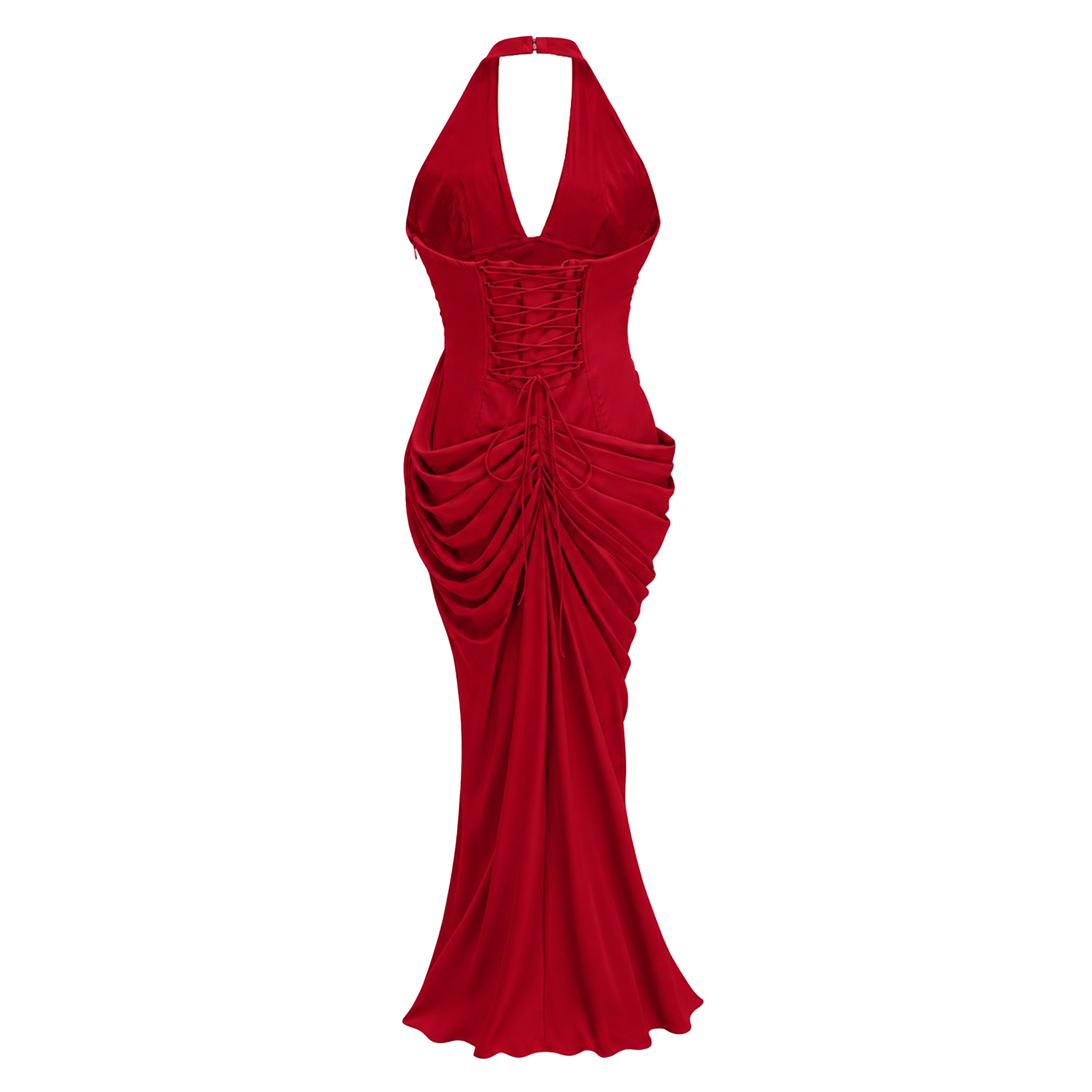 Ombeline Red Halterneck Ruched Maxi Dress with Slit