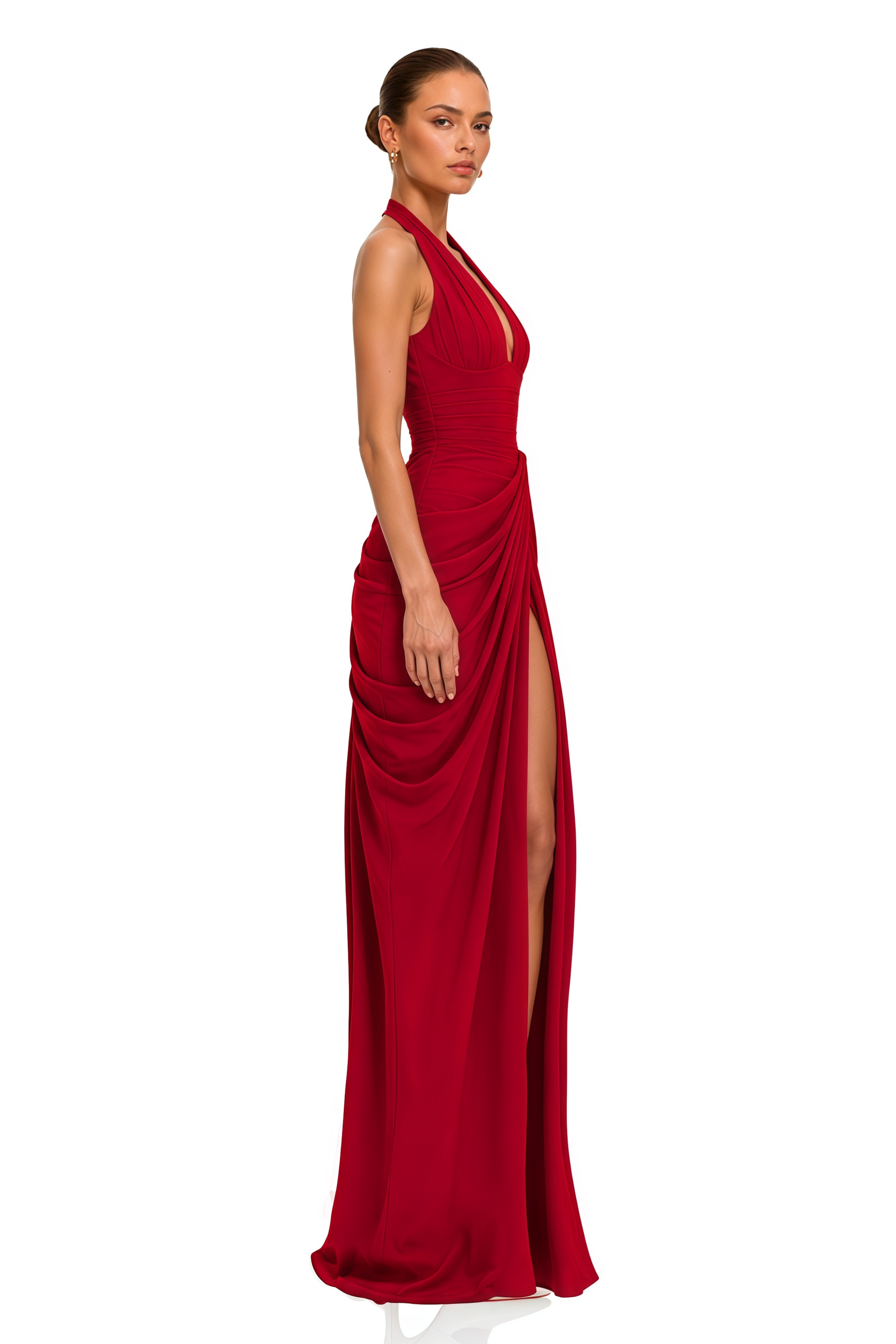 Ombeline Red Halterneck Ruched Maxi Dress with Slit
