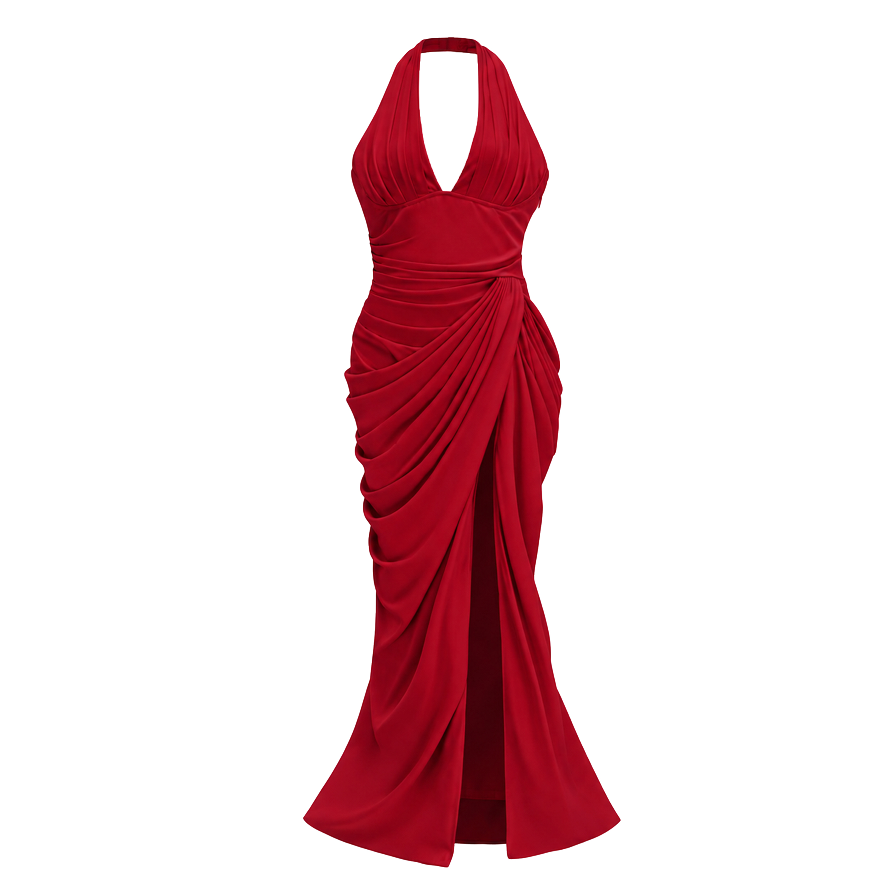 Ombeline Red Halterneck Ruched Maxi Dress with Slit