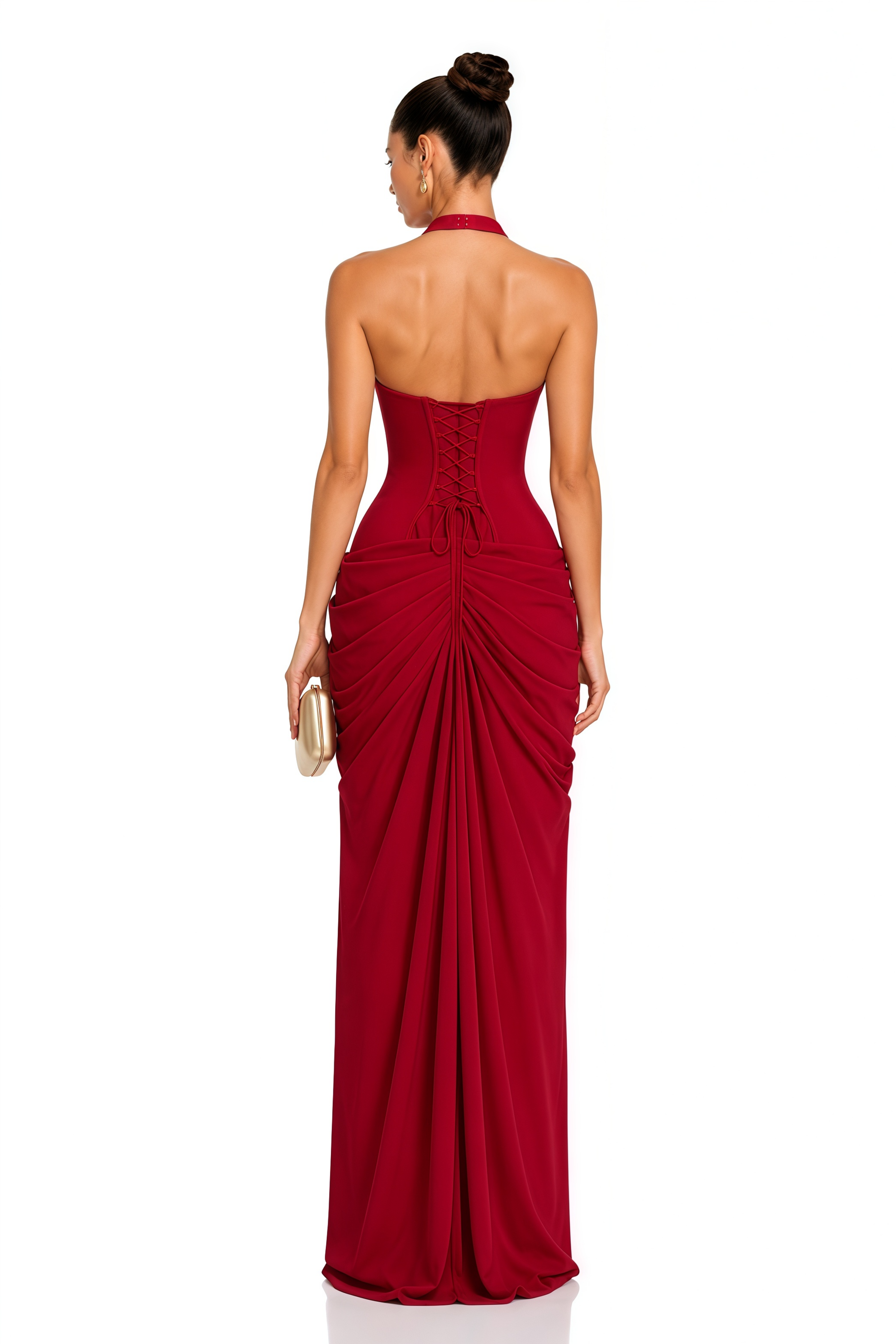 Ombeline Red Halterneck Ruched Maxi Dress with Slit