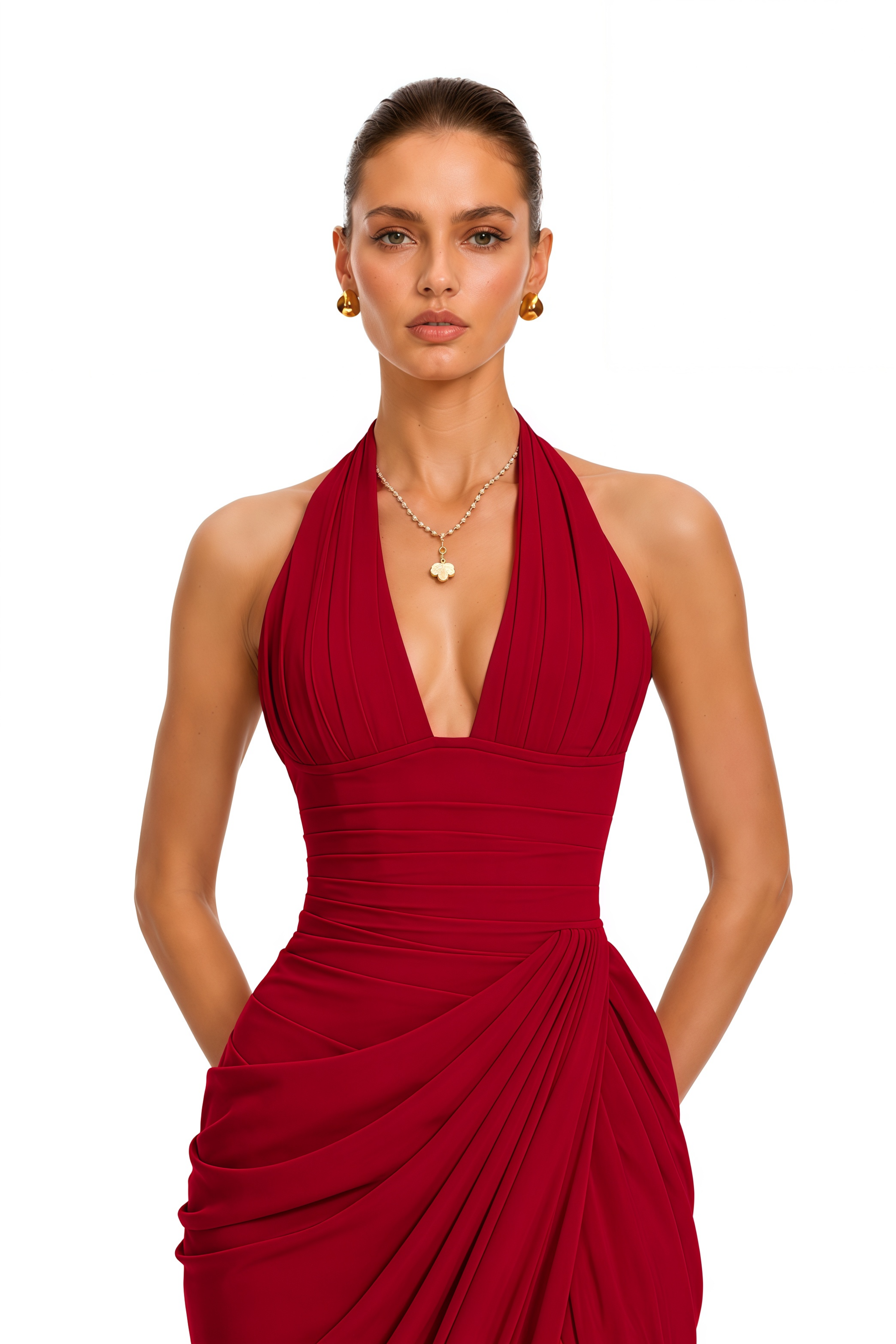 Ombeline Red Halterneck Ruched Maxi Dress with Slit
