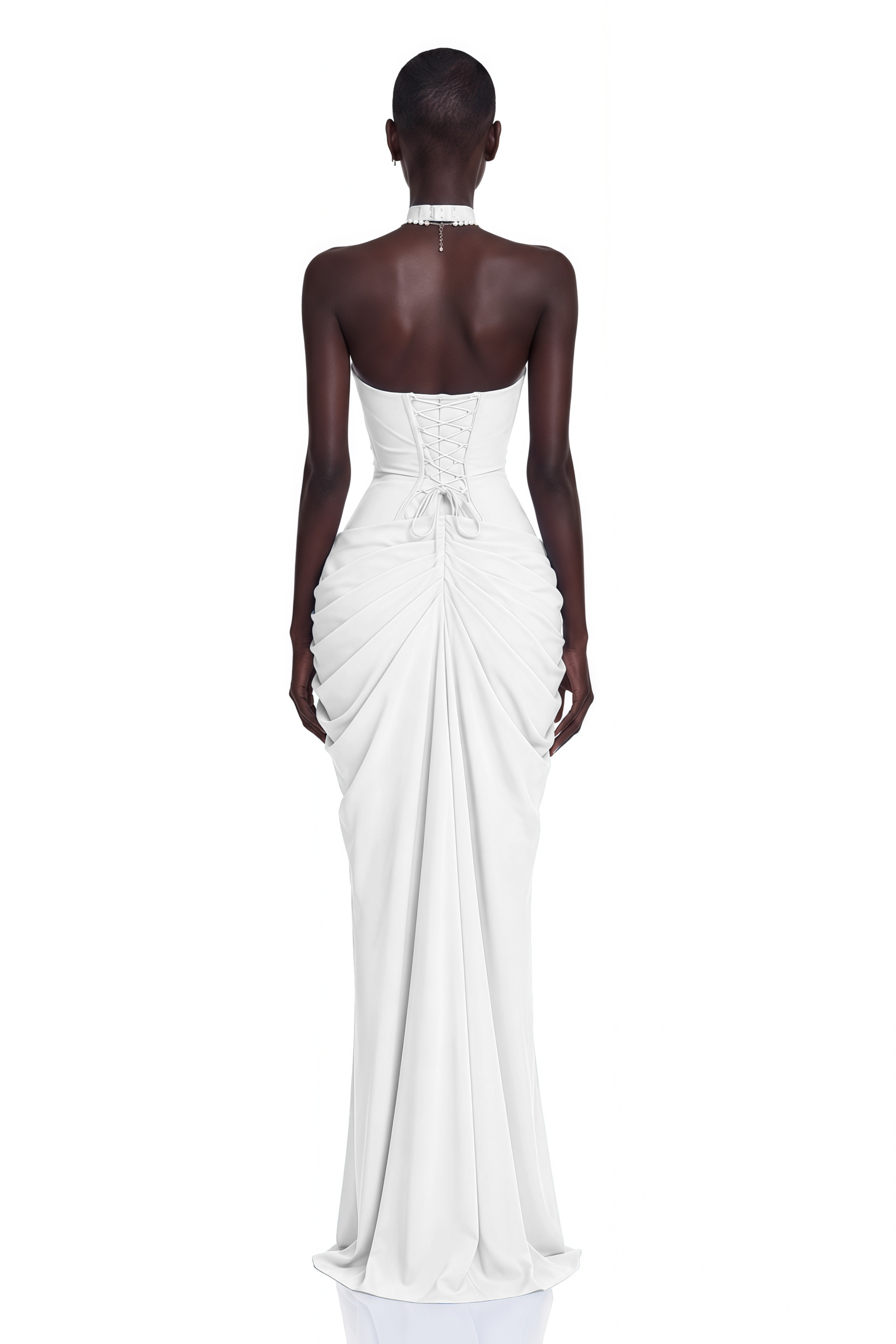 Ombeline White Halterneck Ruched Maxi Dress with Slit