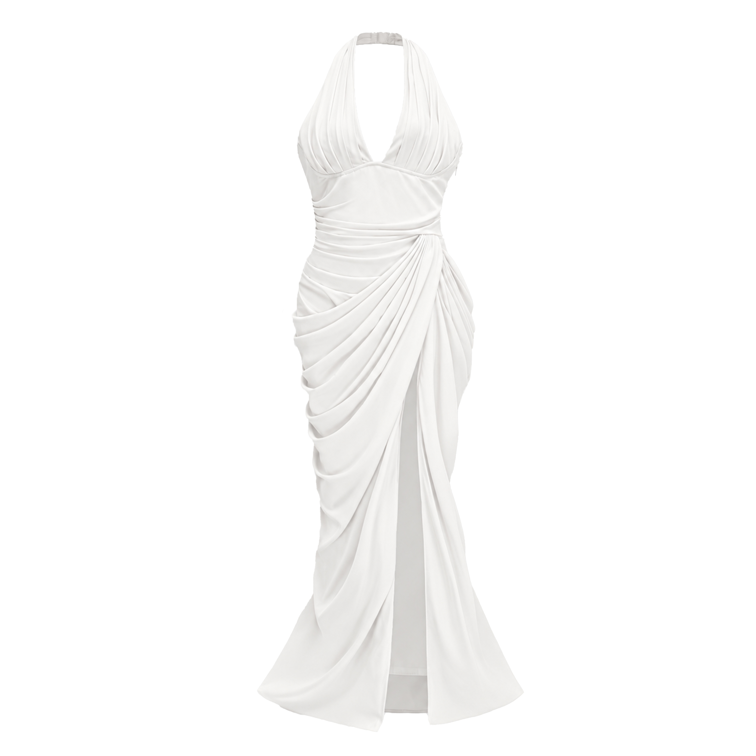 Ombeline White Halterneck Ruched Maxi Dress with Slit