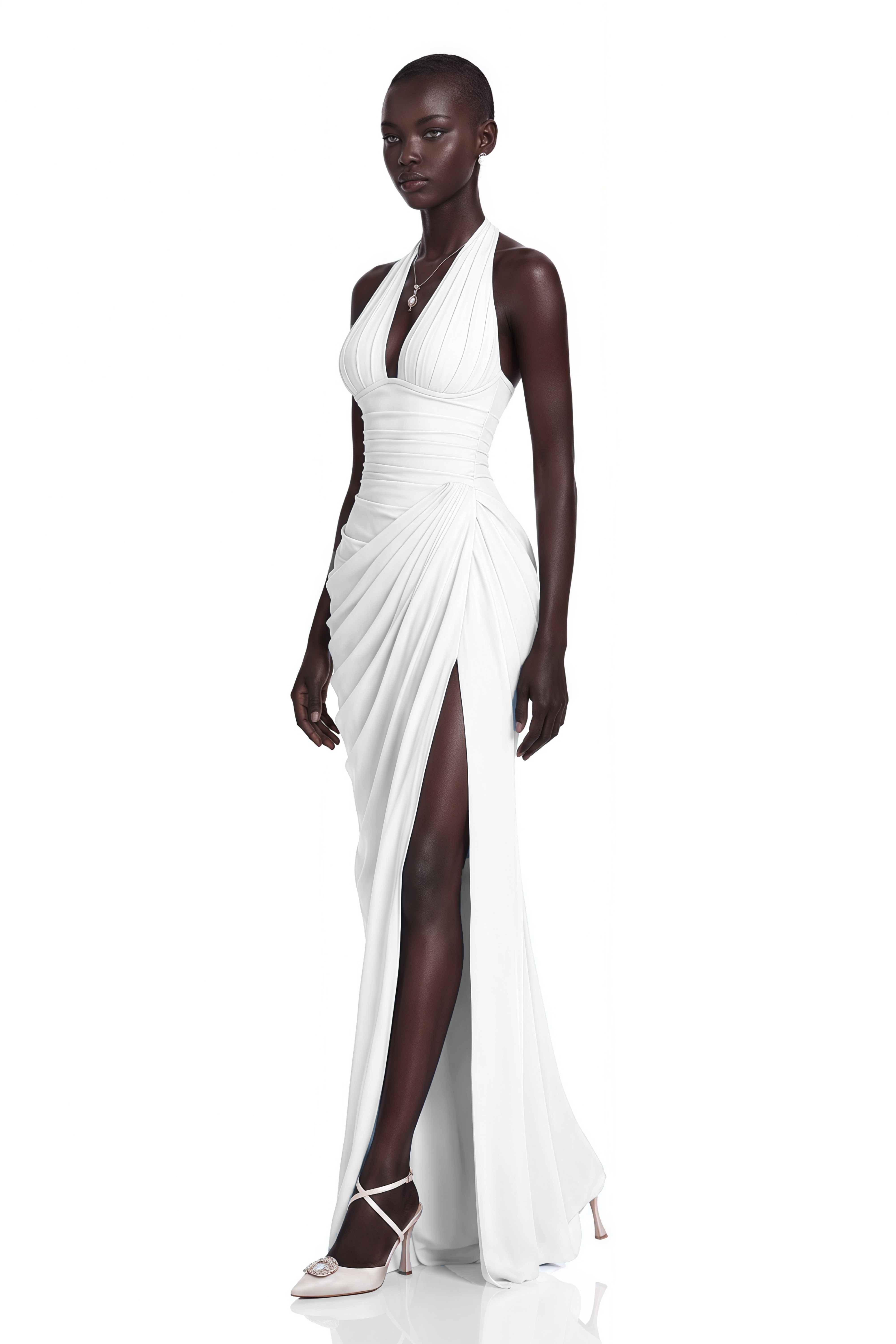 Ombeline White Halterneck Ruched Maxi Dress with Slit