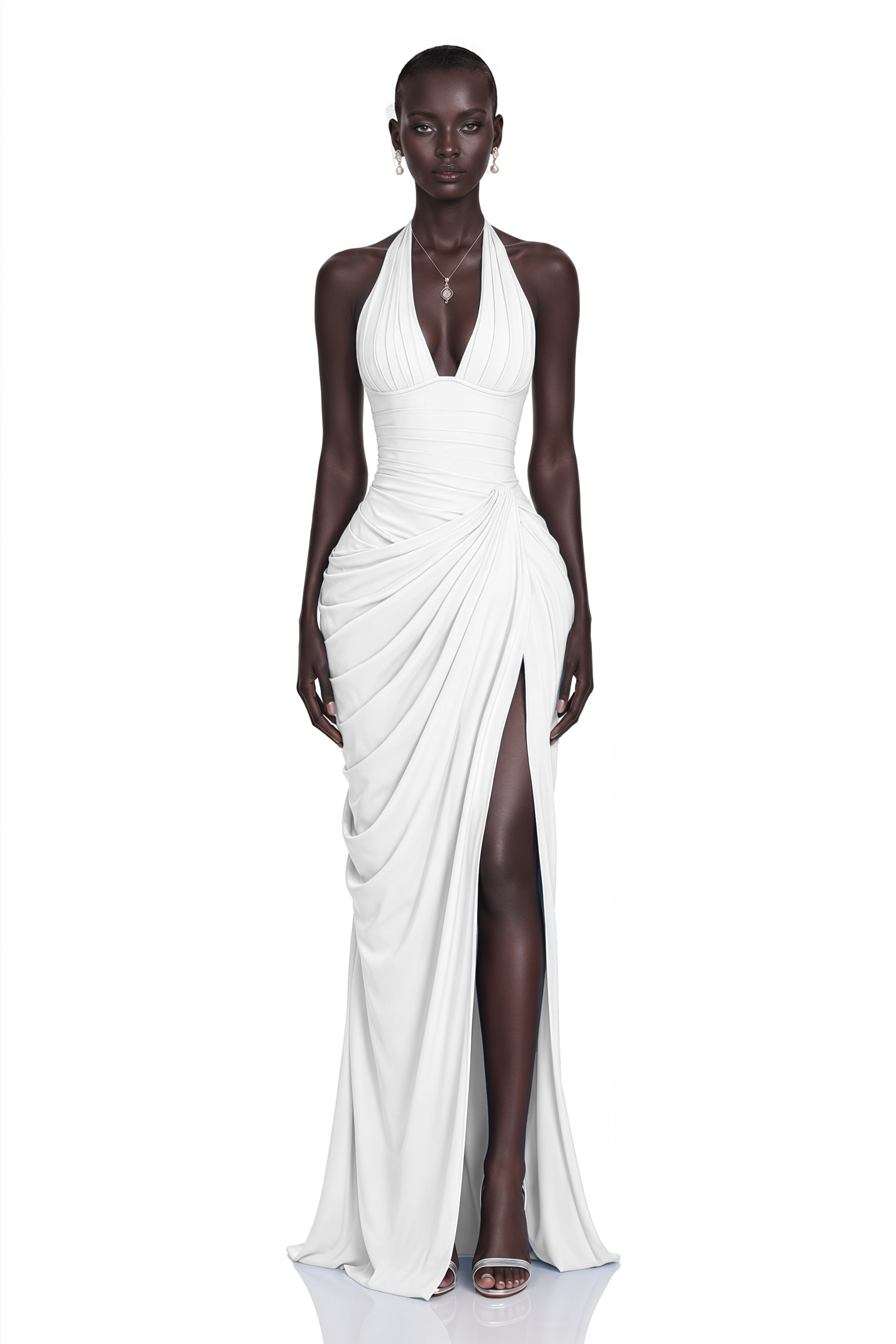 Ombeline White Halterneck Ruched Maxi Dress with Slit