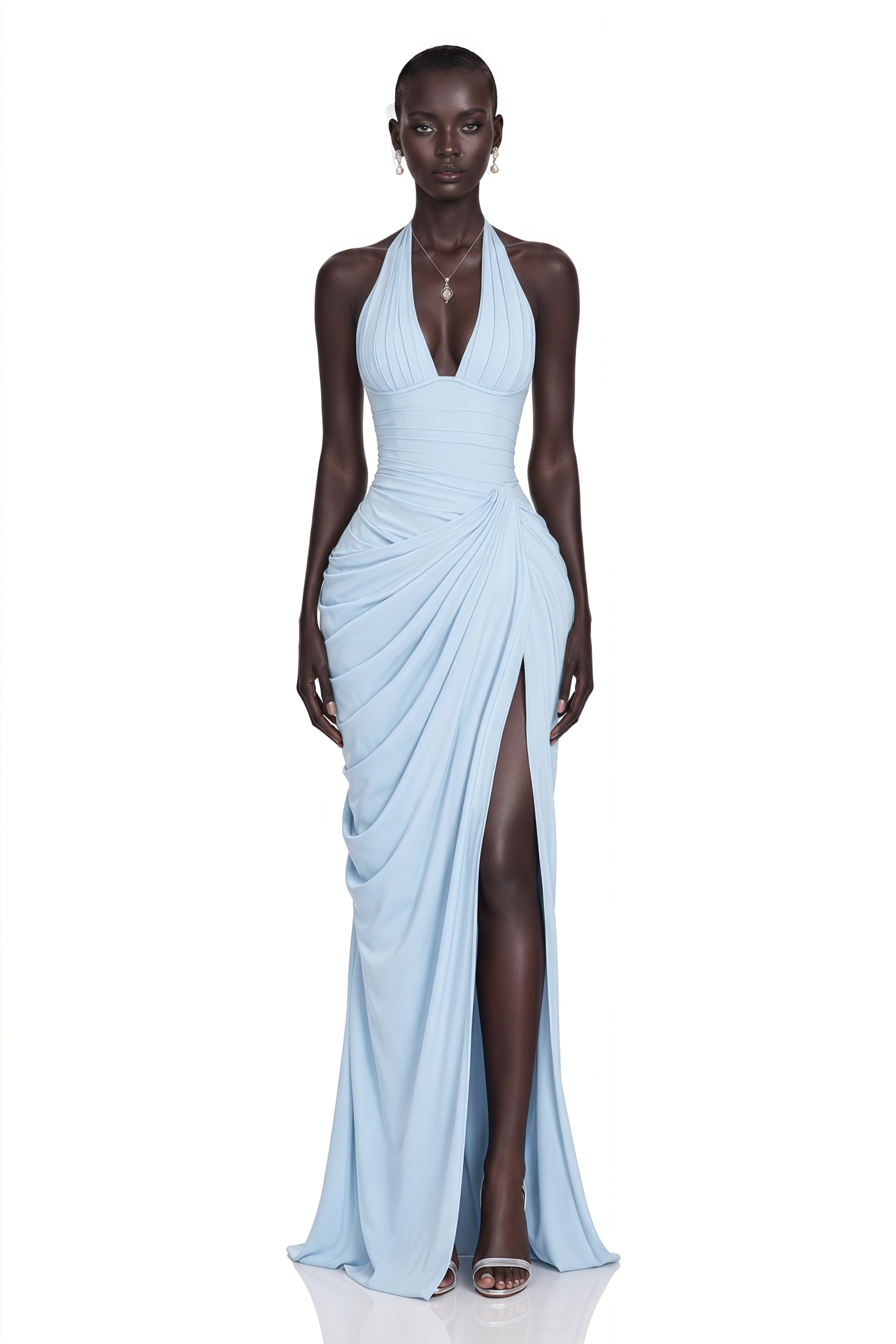 Light blue halter-neck draped maxi gown with thigh-high slit