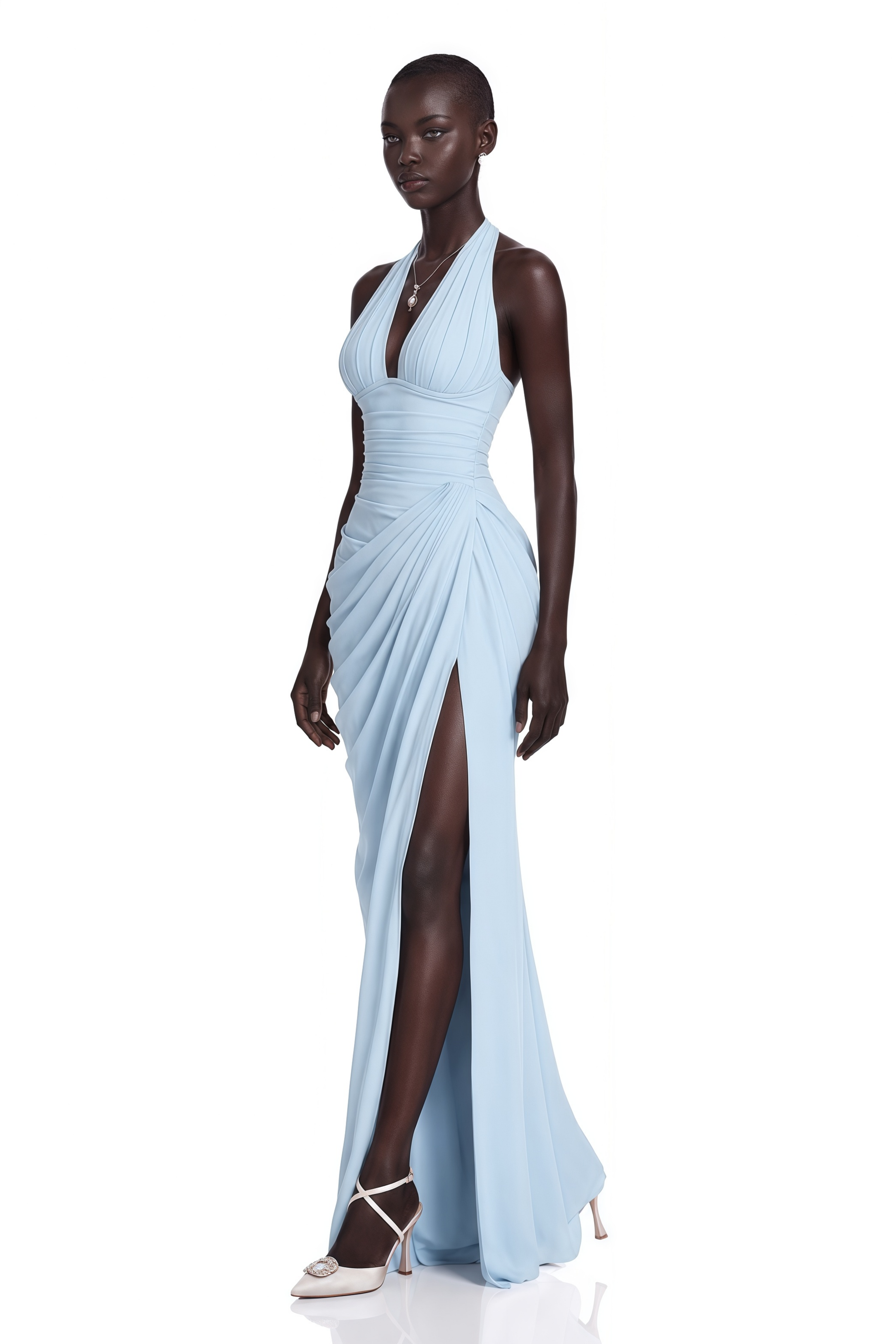 Light blue halter-neck draped maxi gown with thigh-high slit