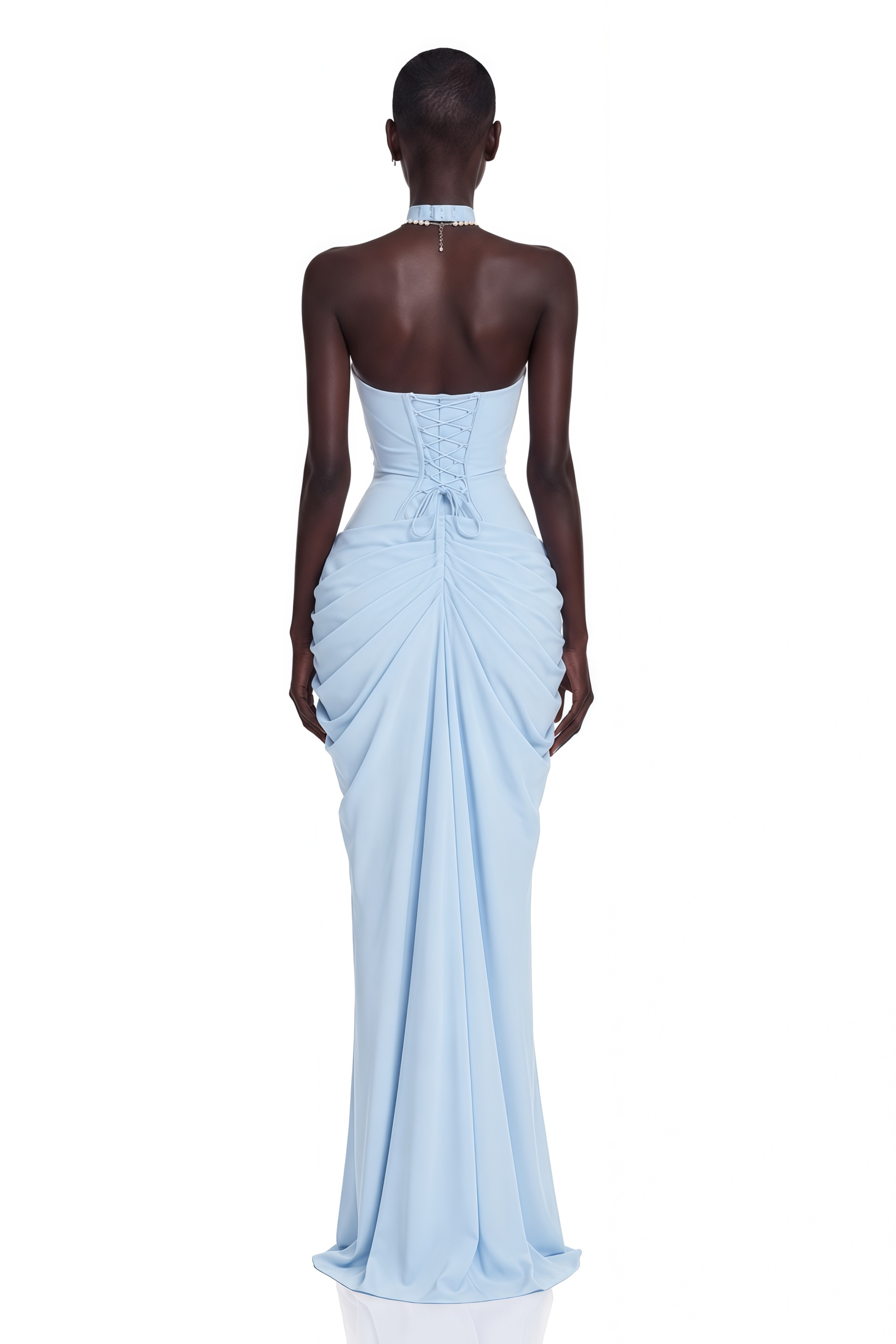 Light blue halter-neck draped maxi gown with thigh-high slit