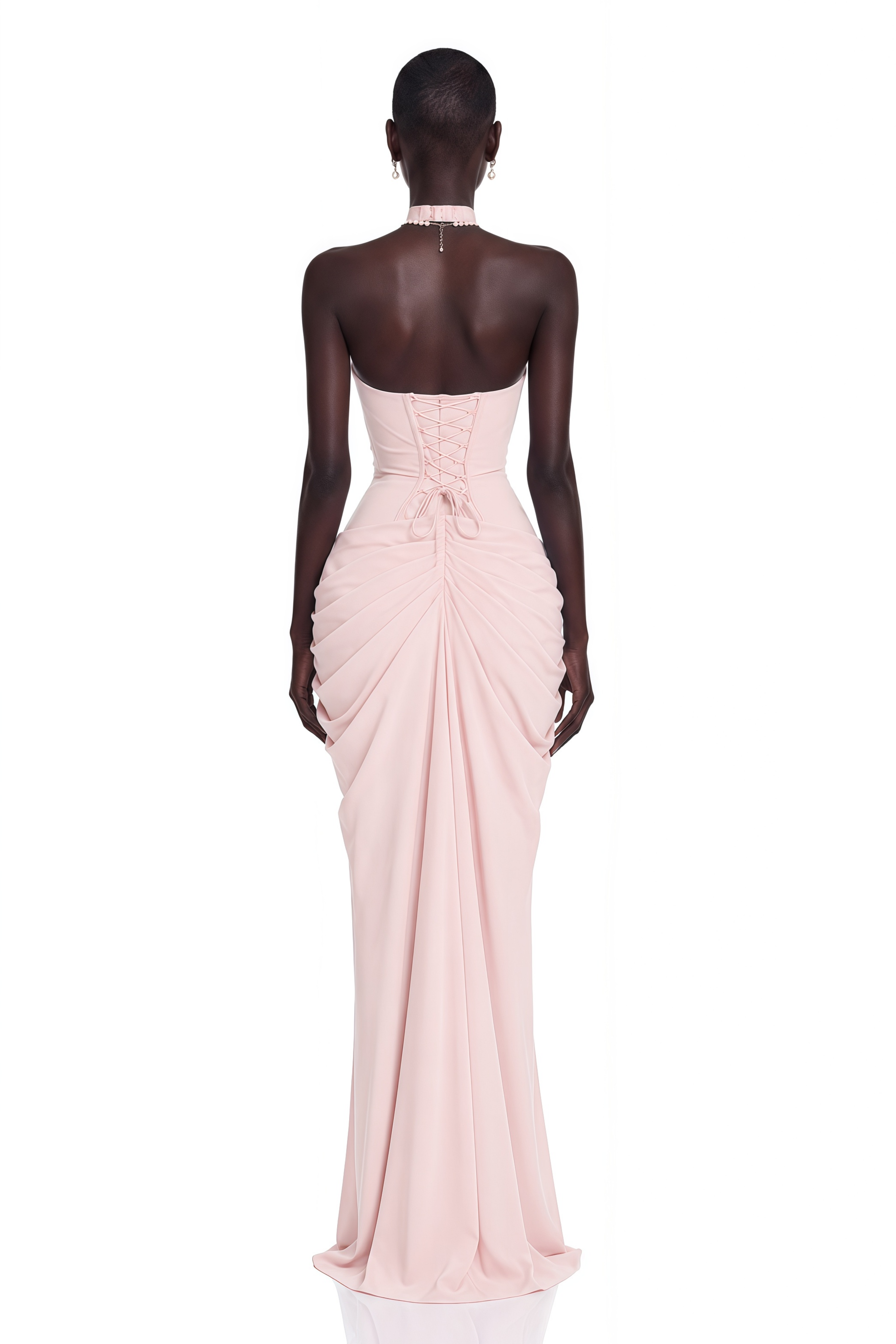 Blush pink halter-neck draped maxi gown with high slit