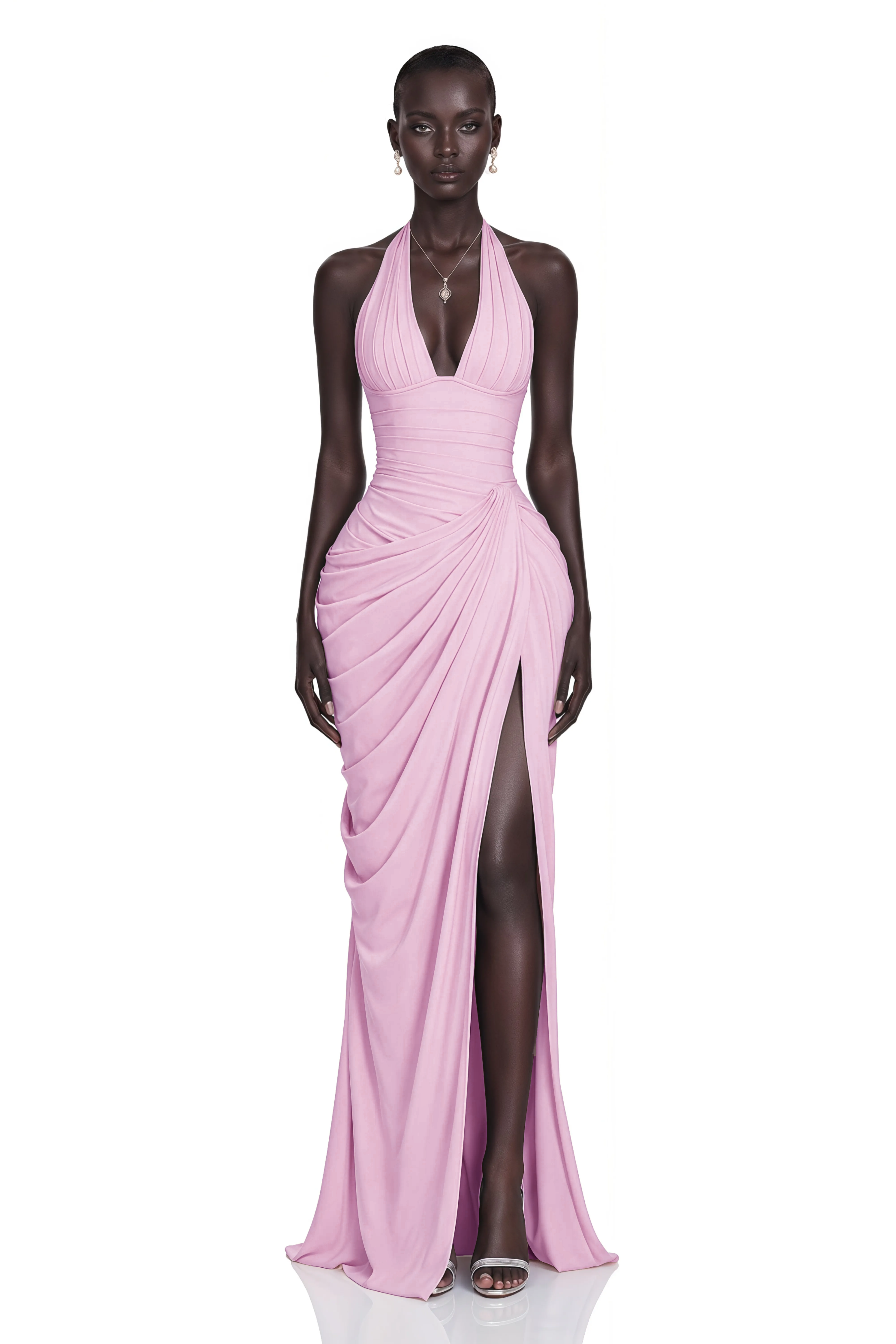 Ombeline Pink Halterneck Ruched Maxi Dress with Slit