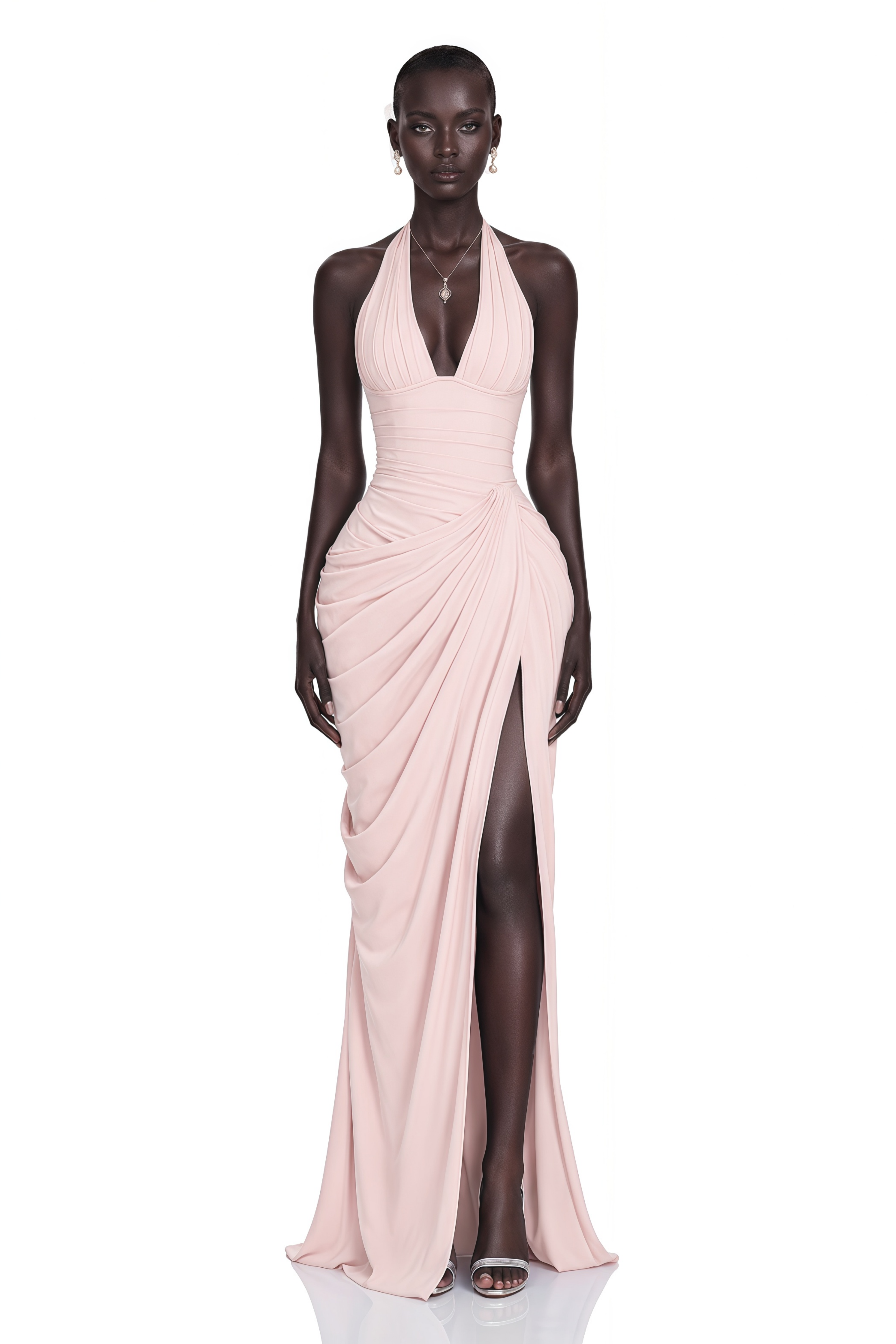 Blush pink halter-neck draped maxi gown with high slit