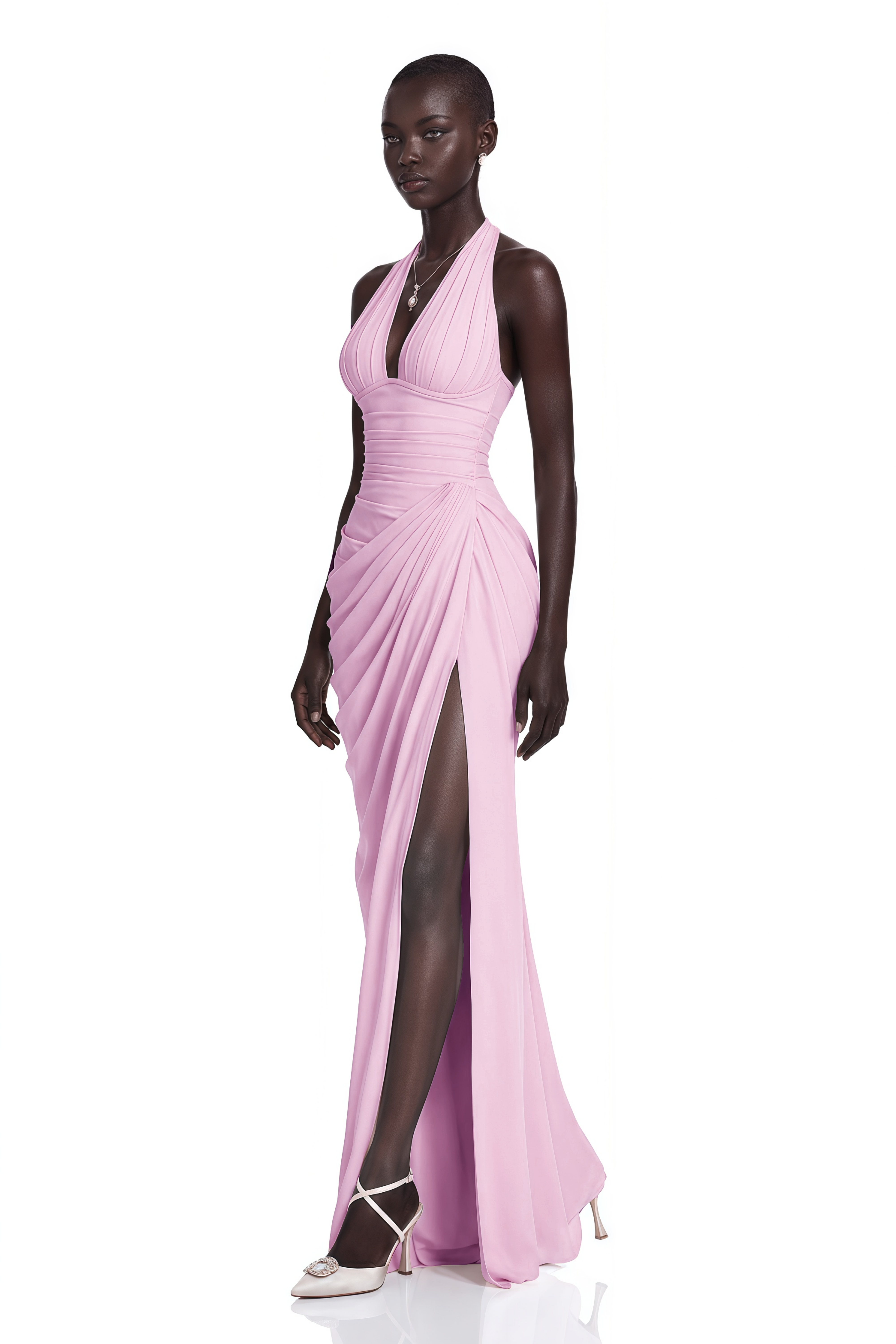 Ombeline Pink Halterneck Ruched Maxi Dress with Slit