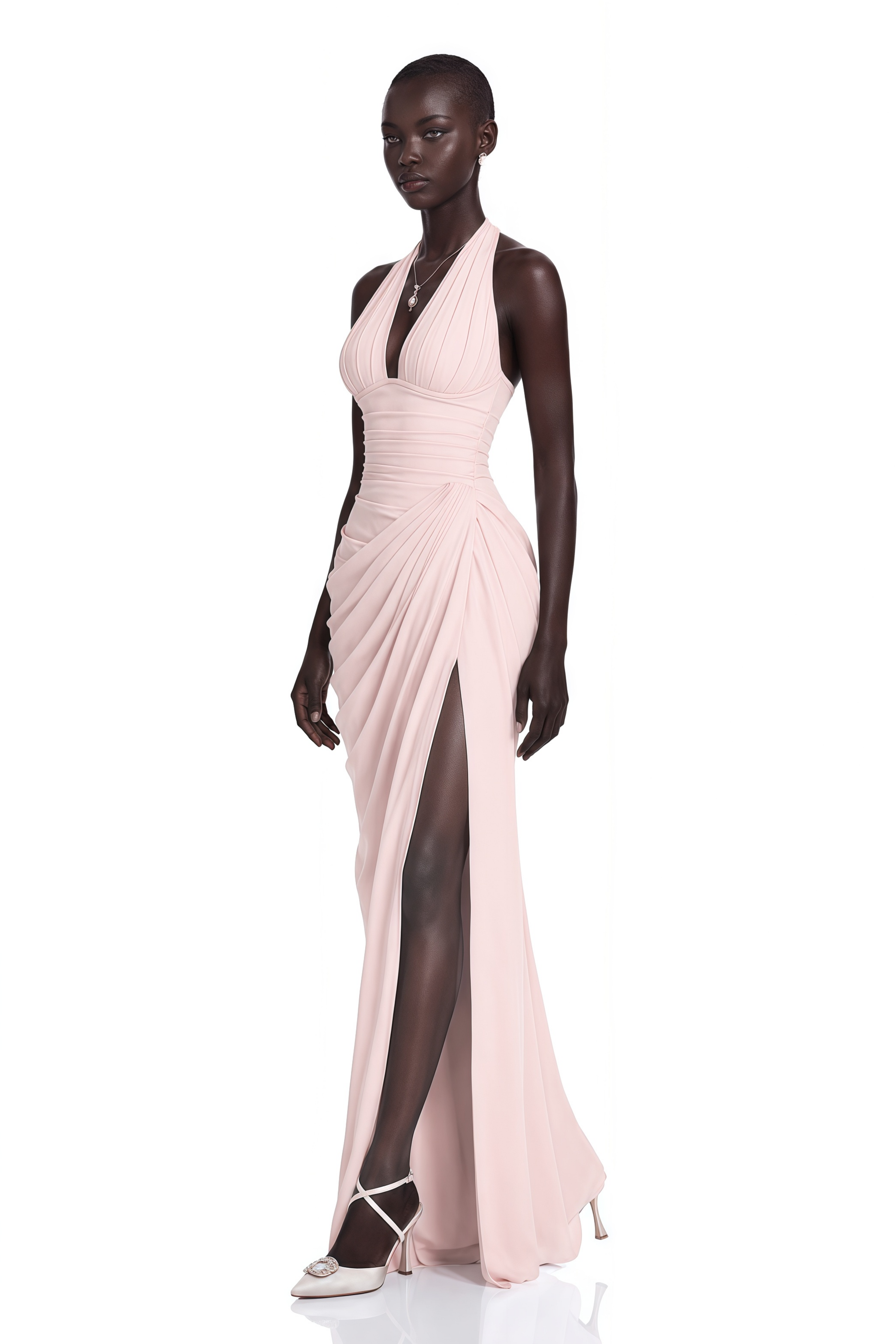 Blush pink halter-neck draped maxi gown with high slit