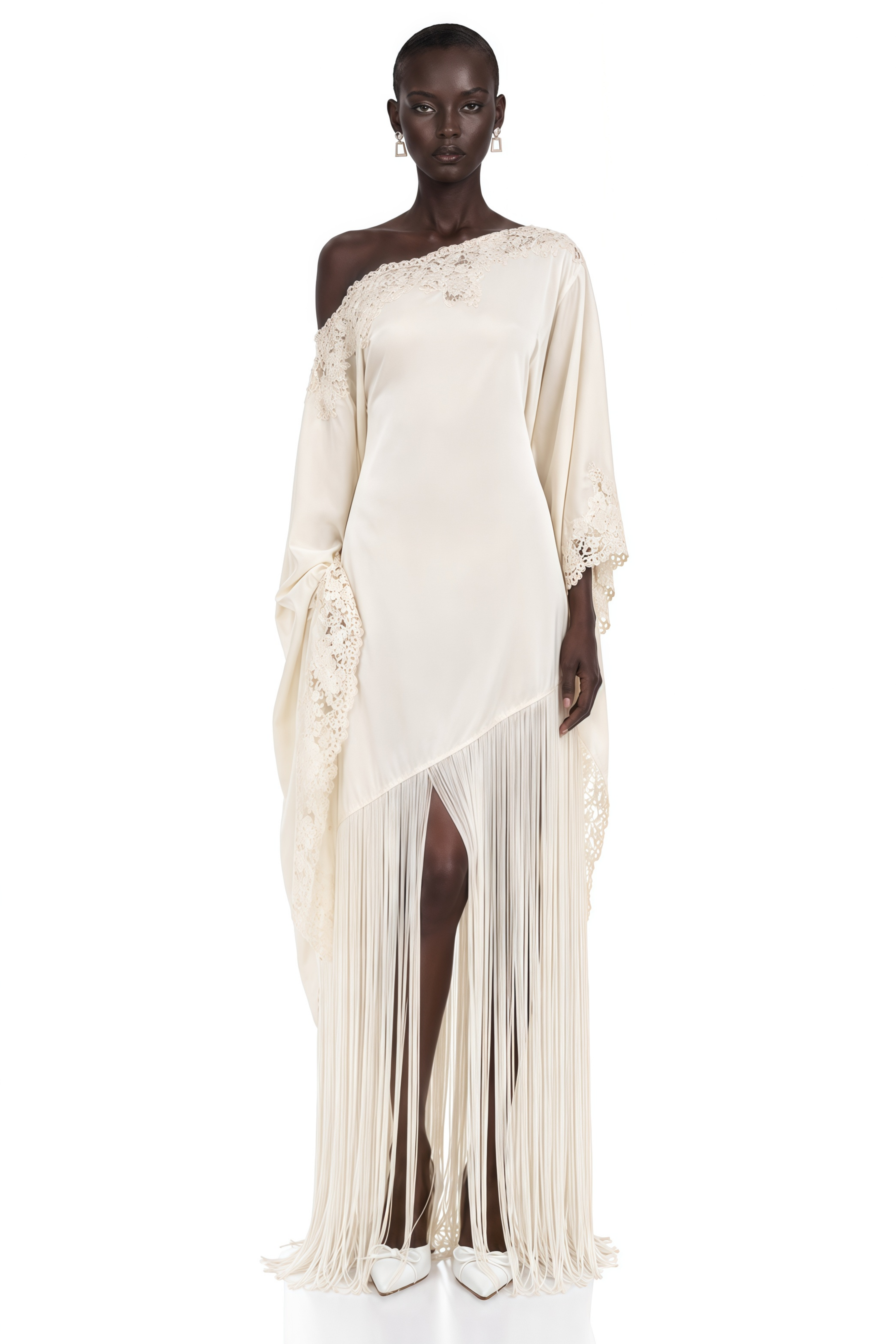 Ivory one-shoulder satin maxi dress with lace trim and long fringe hem
