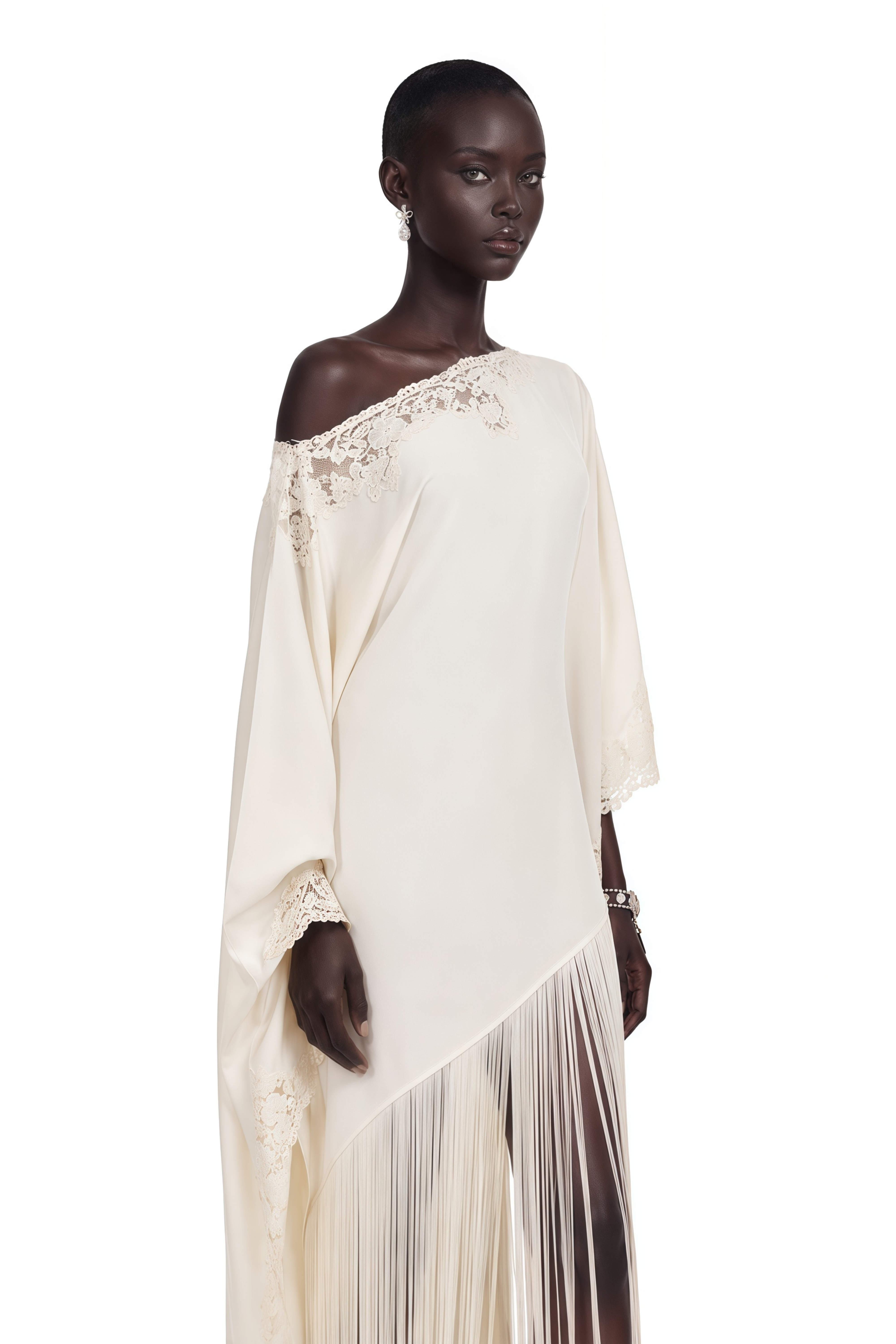Ivory one-shoulder satin maxi dress with lace trim and long fringe hem