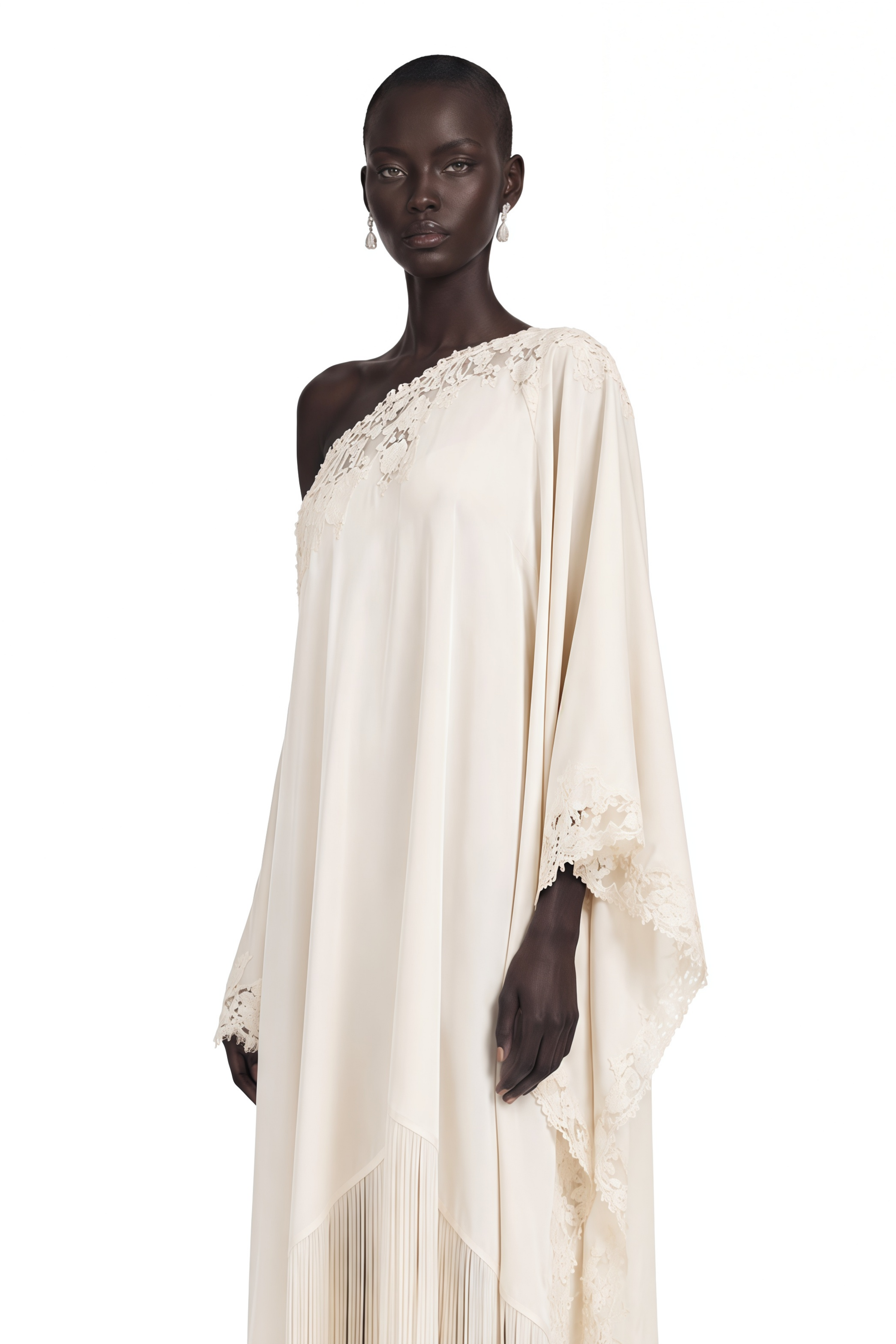Ivory one-shoulder satin maxi dress with lace trim and long fringe hem