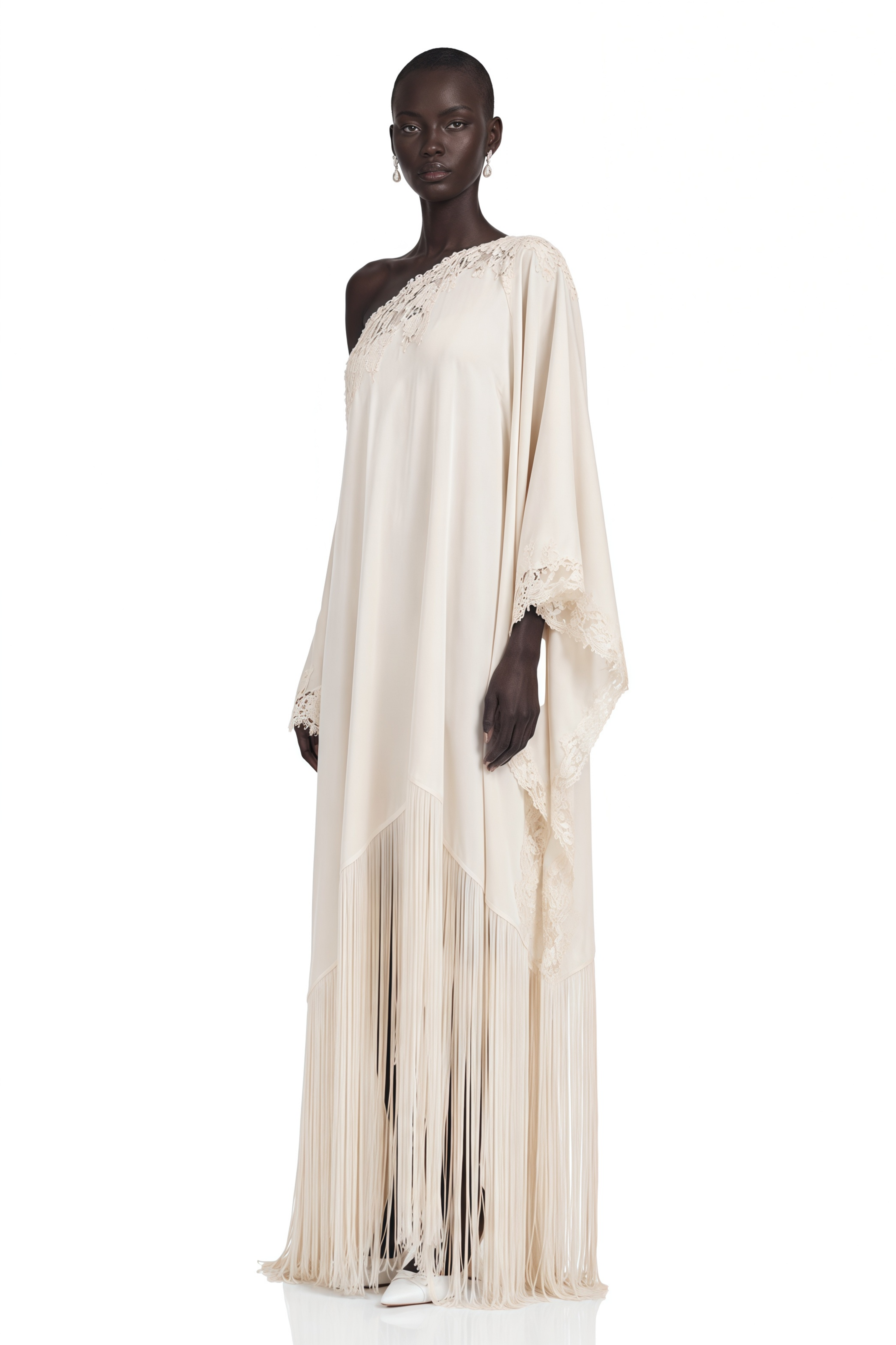 Ivory one-shoulder satin maxi dress with lace trim and long fringe hem