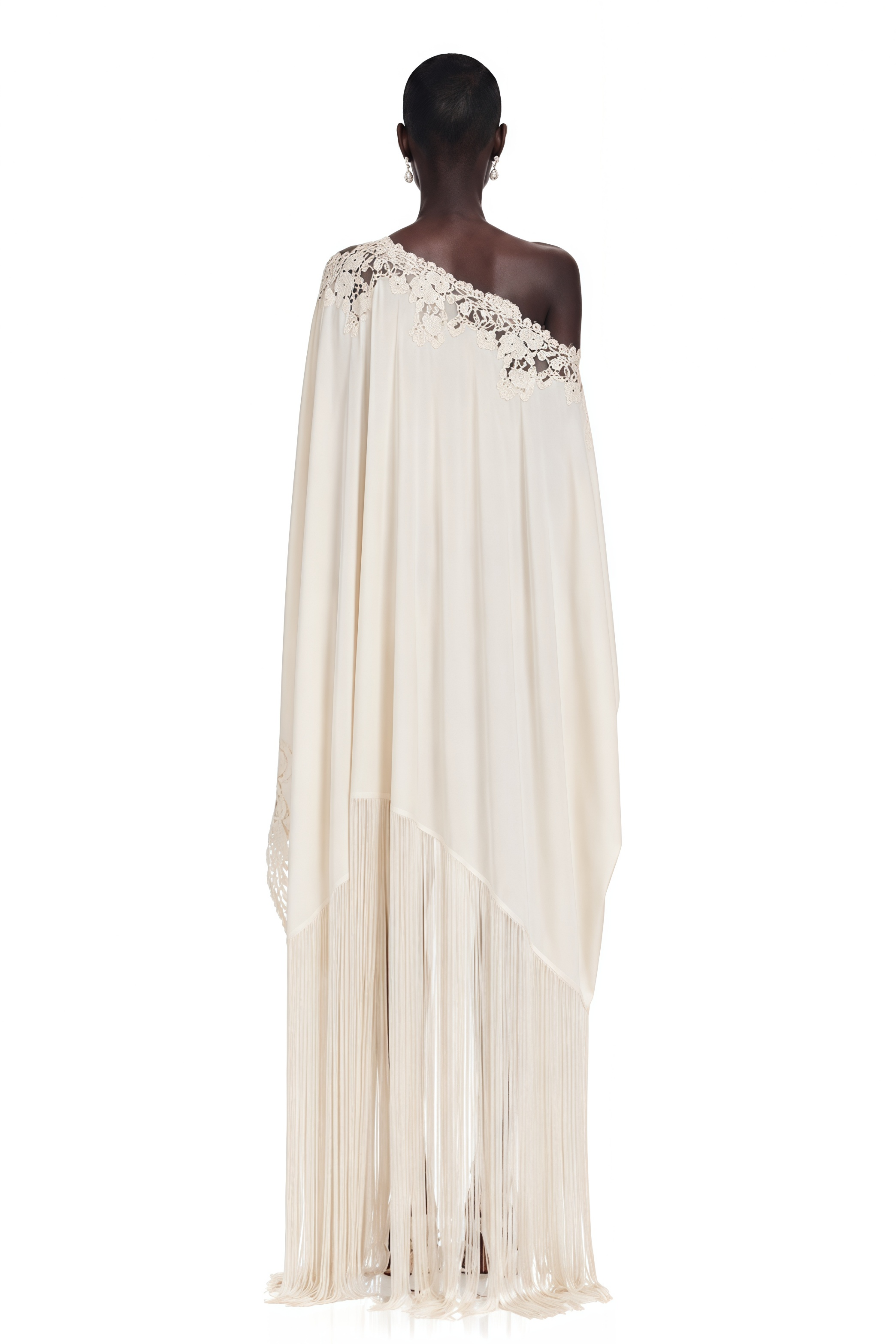 Ivory one-shoulder satin maxi dress with lace trim and long fringe hem