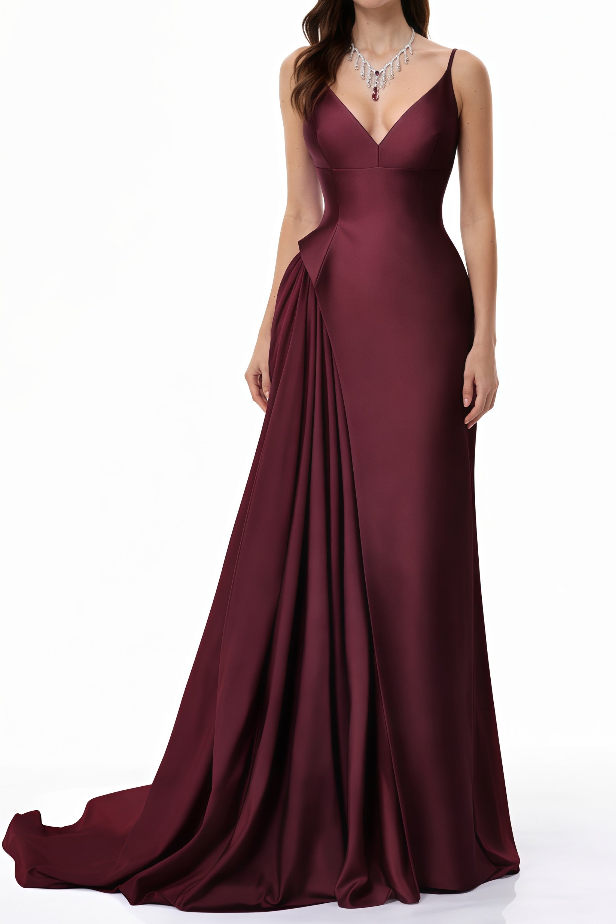 Burgundy satin spaghetti strap maxi dress with a V-neckline and side draping