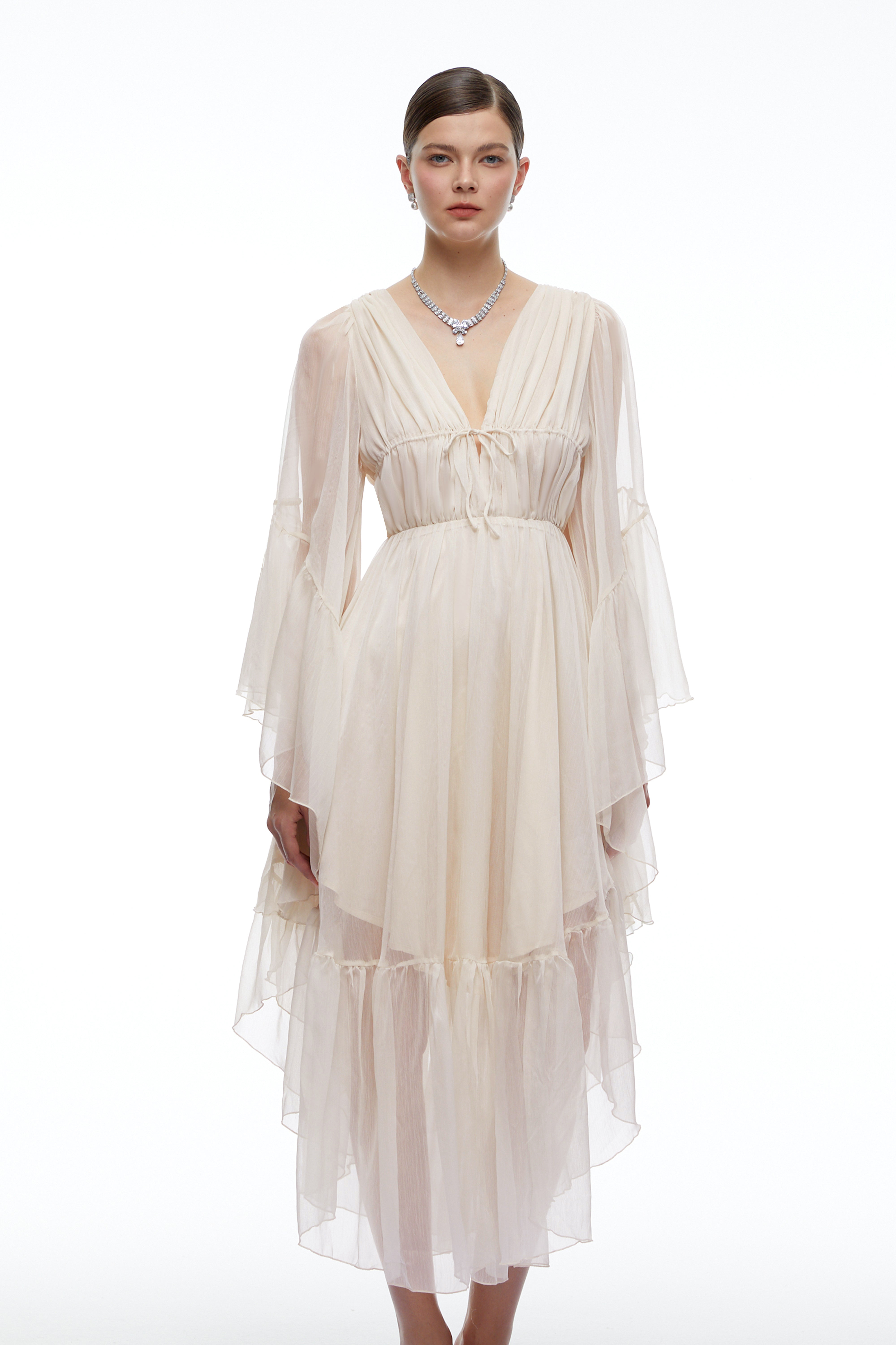 Ondine Neutral Plunging Long Sleeve Tiered Midi Dress