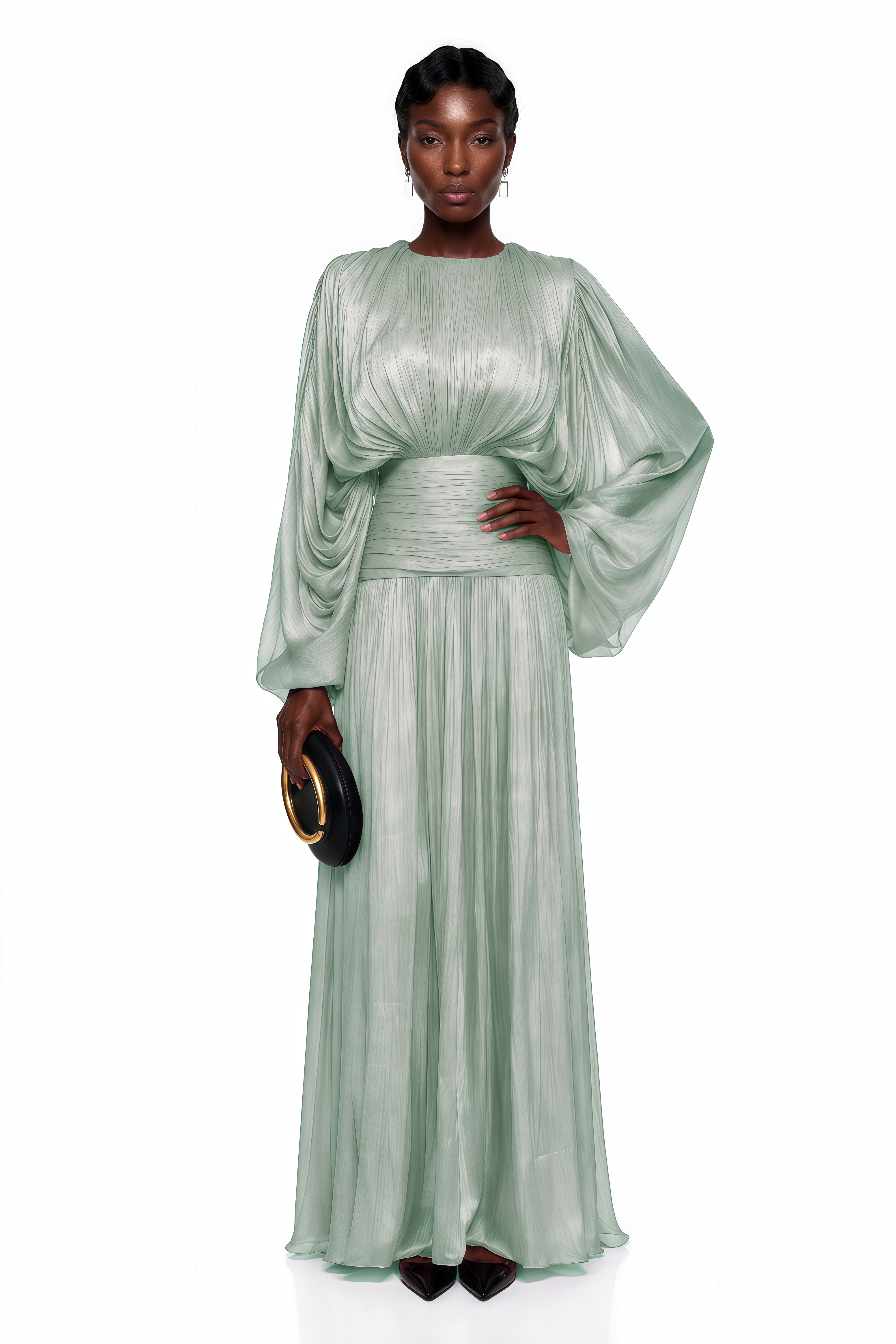 Ophelia Green Pleated Glossy Maxi Dress