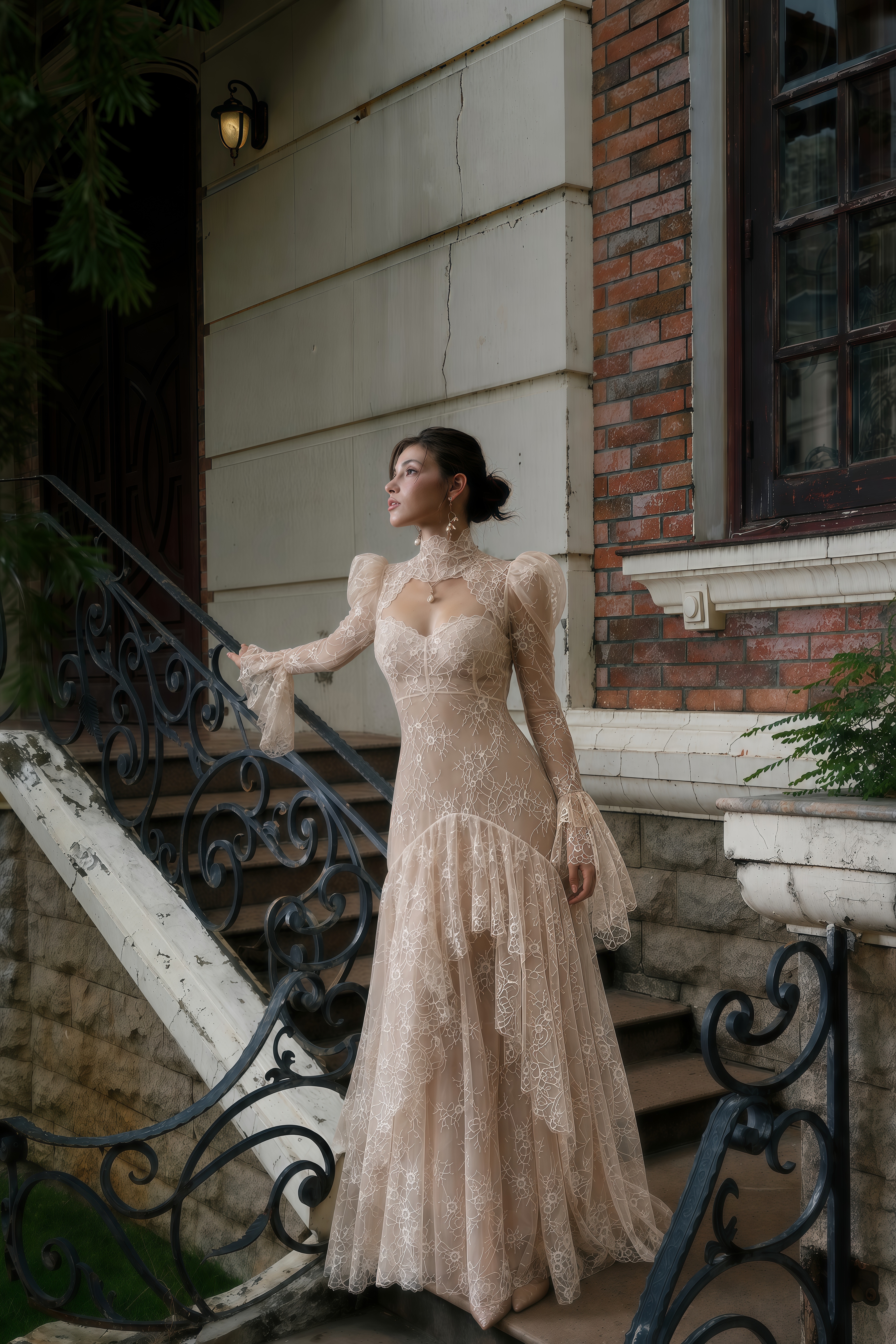 Ophelia Neutral Mock Neck Lace Maxi Dress