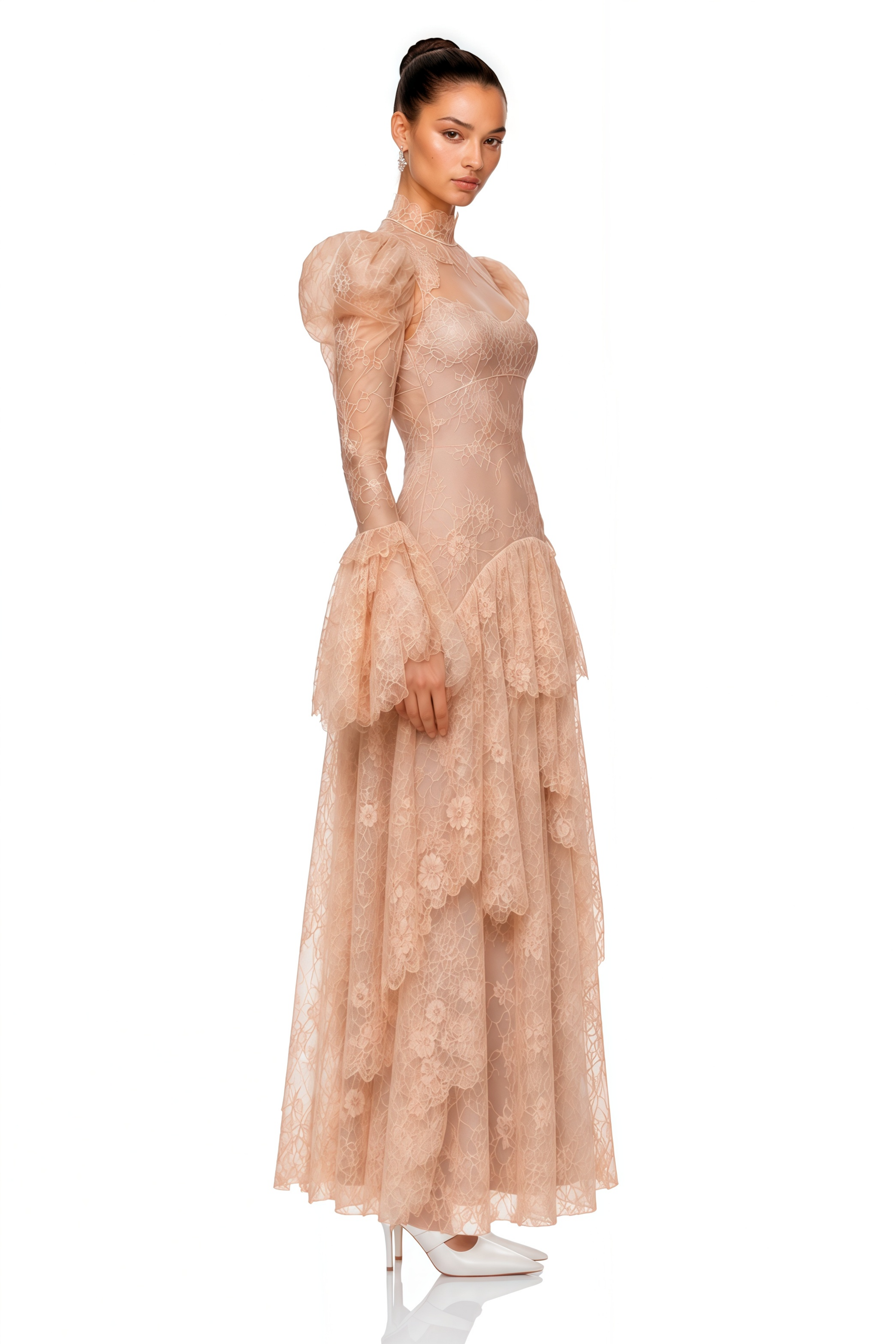 Ophelia Neutral Mock Neck Lace Maxi Dress