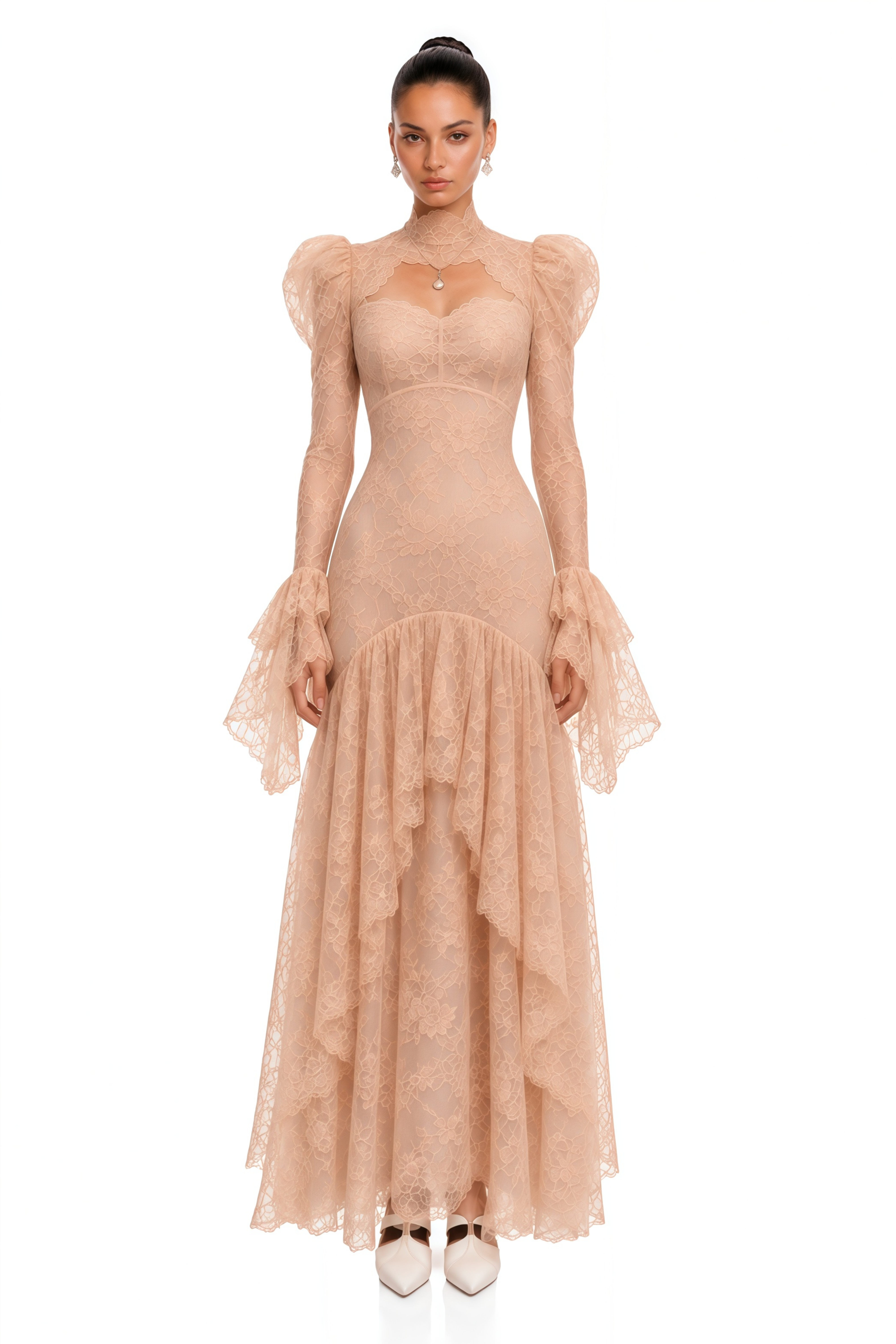 Ophelia Neutral Mock Neck Lace Maxi Dress
