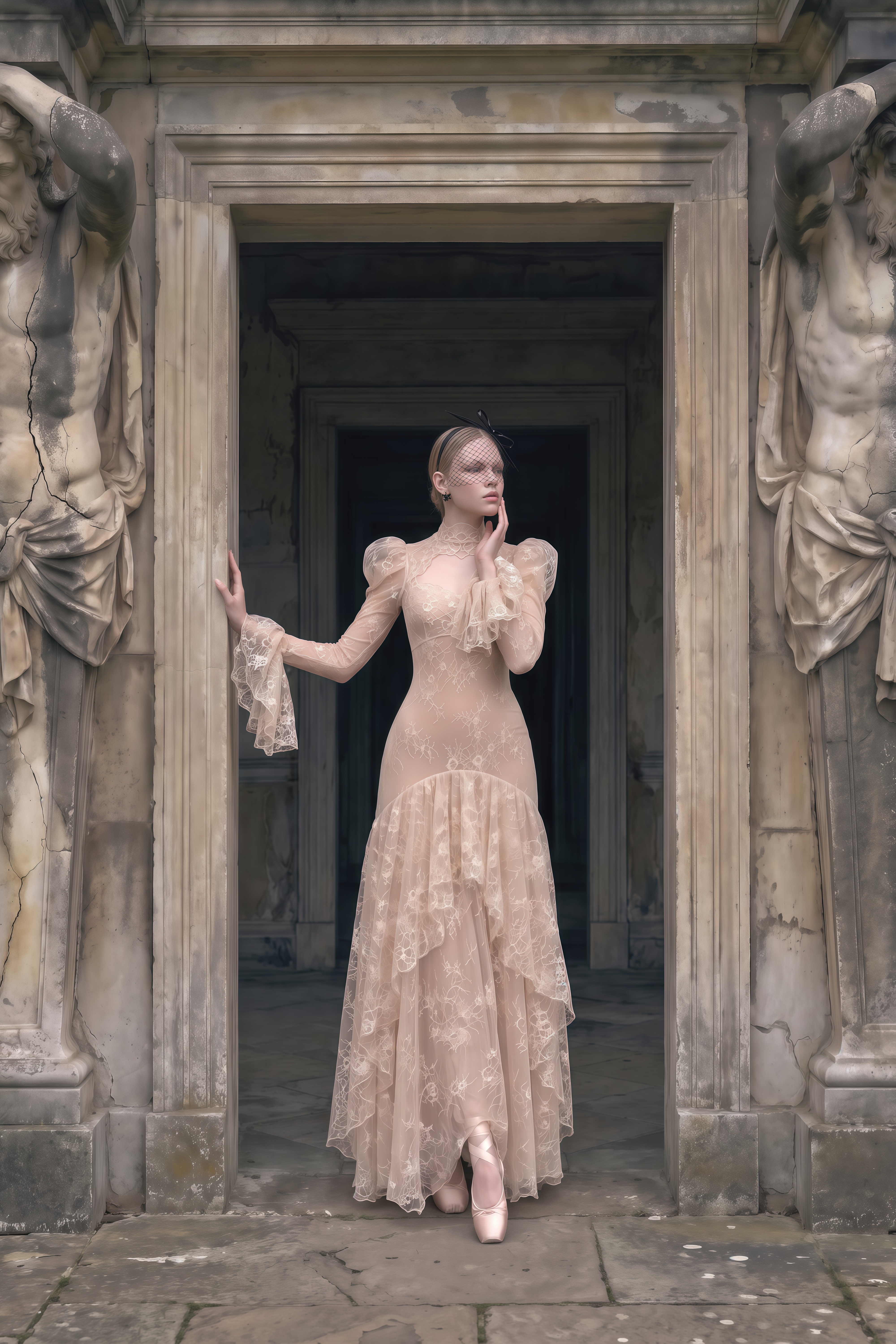 Ophelia Neutral Mock Neck Lace Maxi Dress
