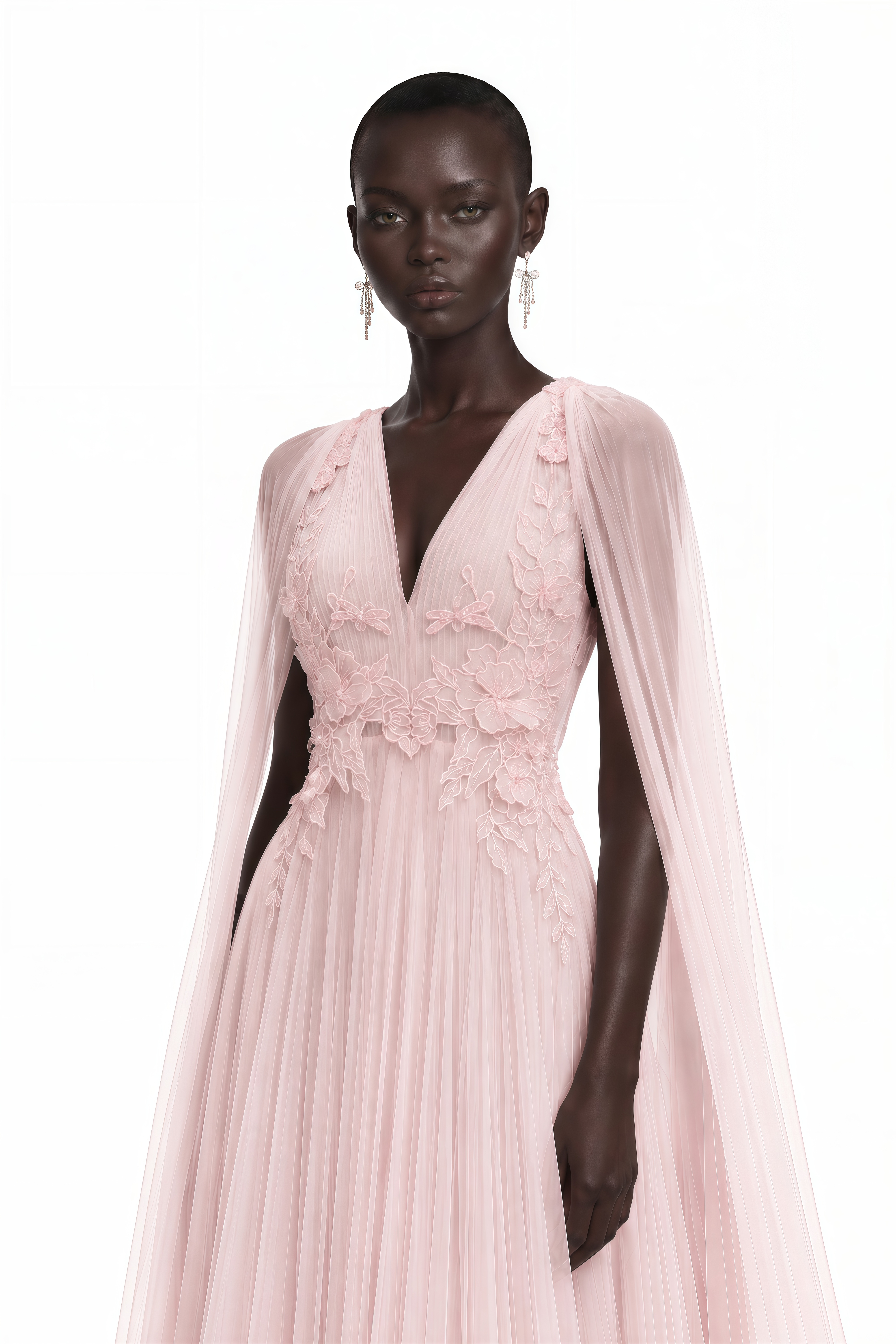 Ophelia Pink Mesh Ruched Maxi Dress with Cape