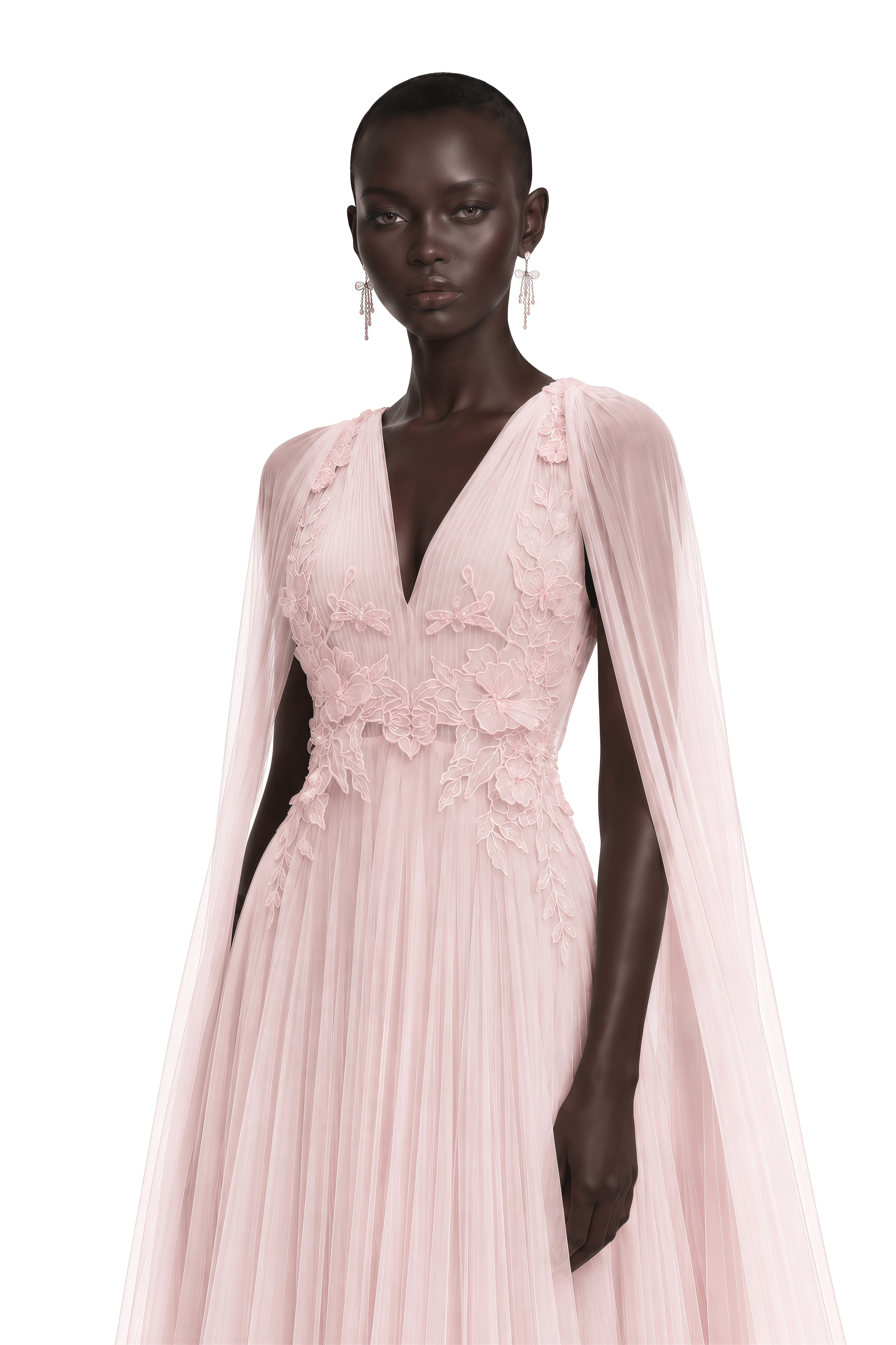 Ophelia Pink Mesh Ruched Maxi Dress with Cape