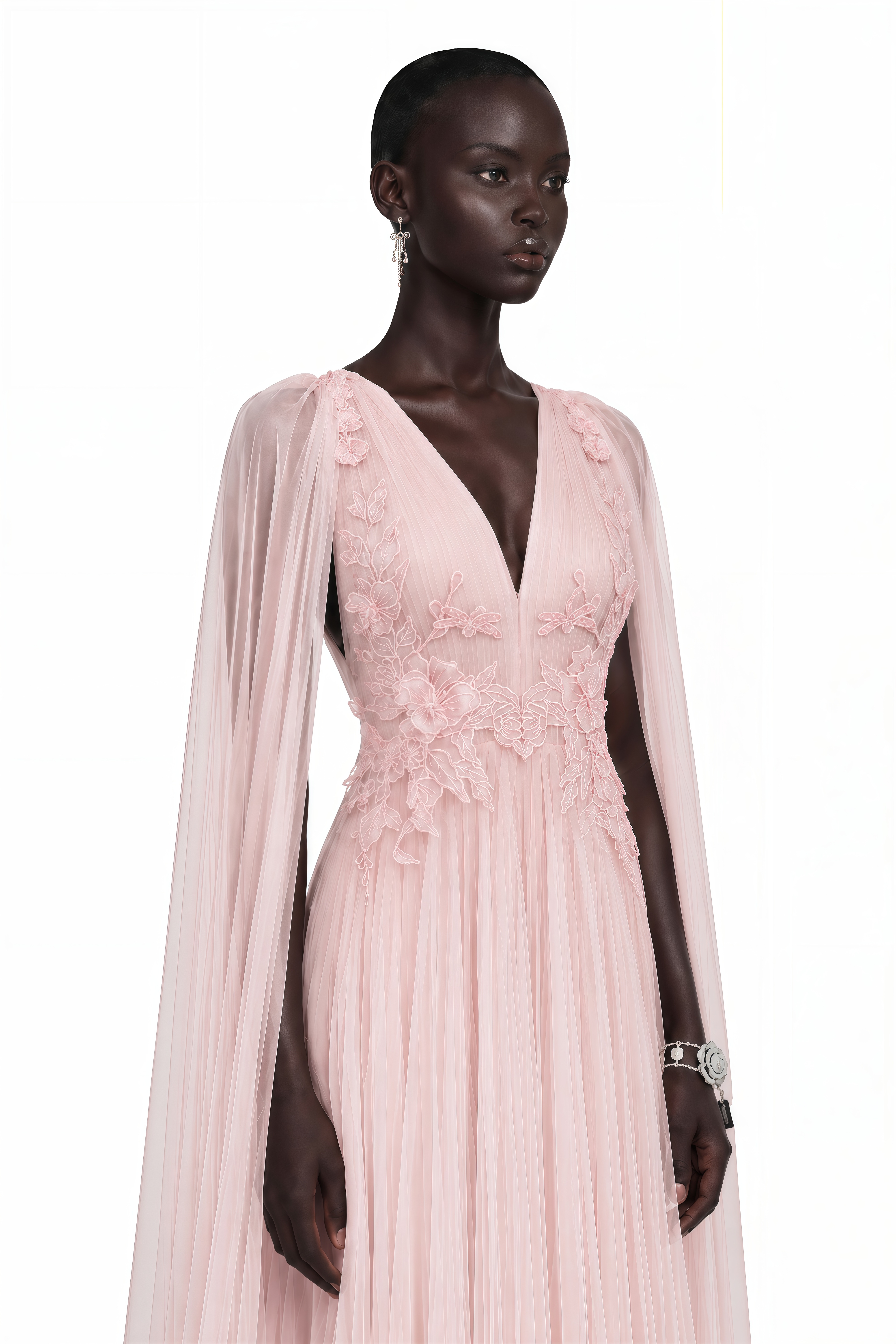 Ophelia Pink Mesh Ruched Maxi Dress with Cape