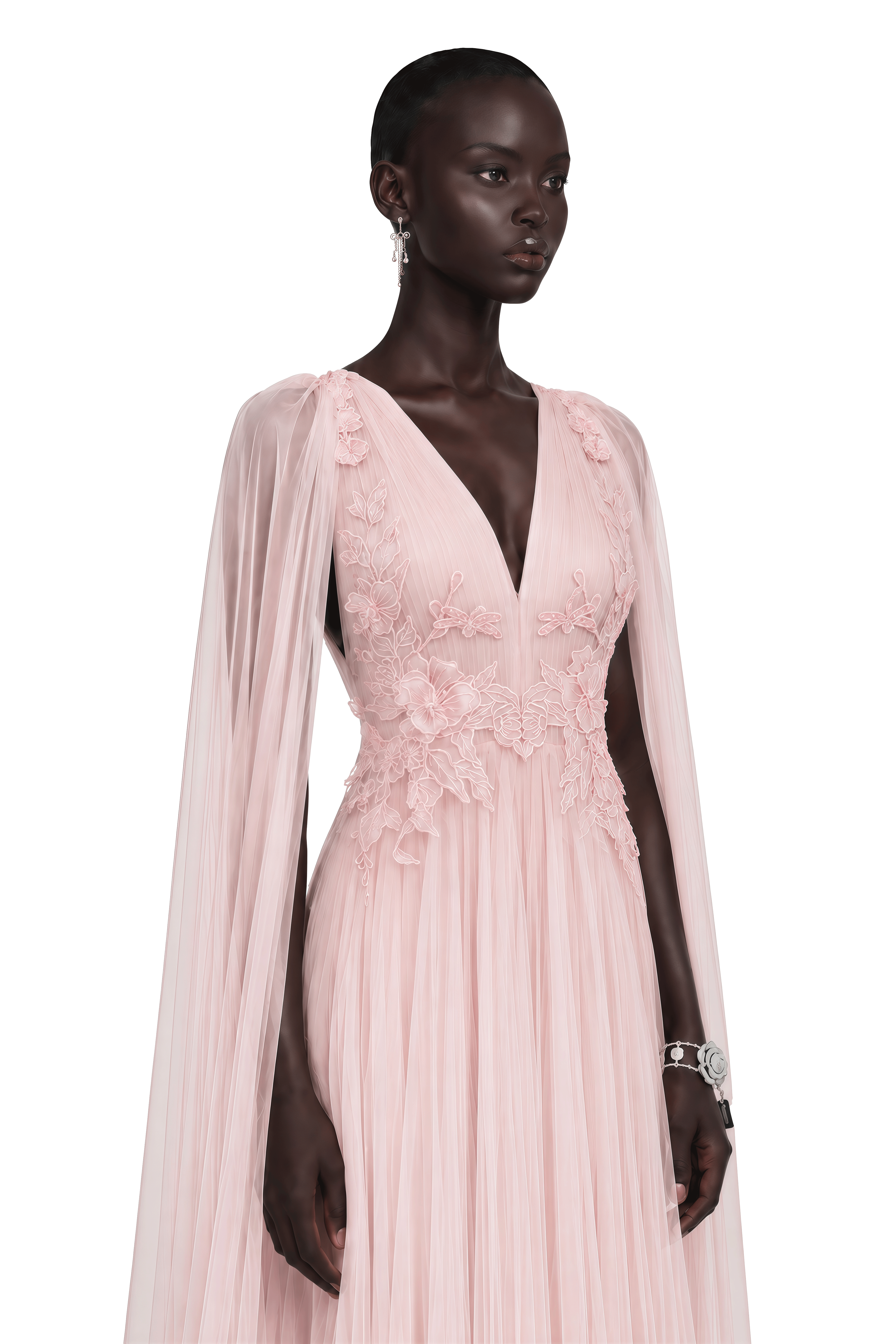 Ophelia Pink Mesh Ruched Maxi Dress with Cape