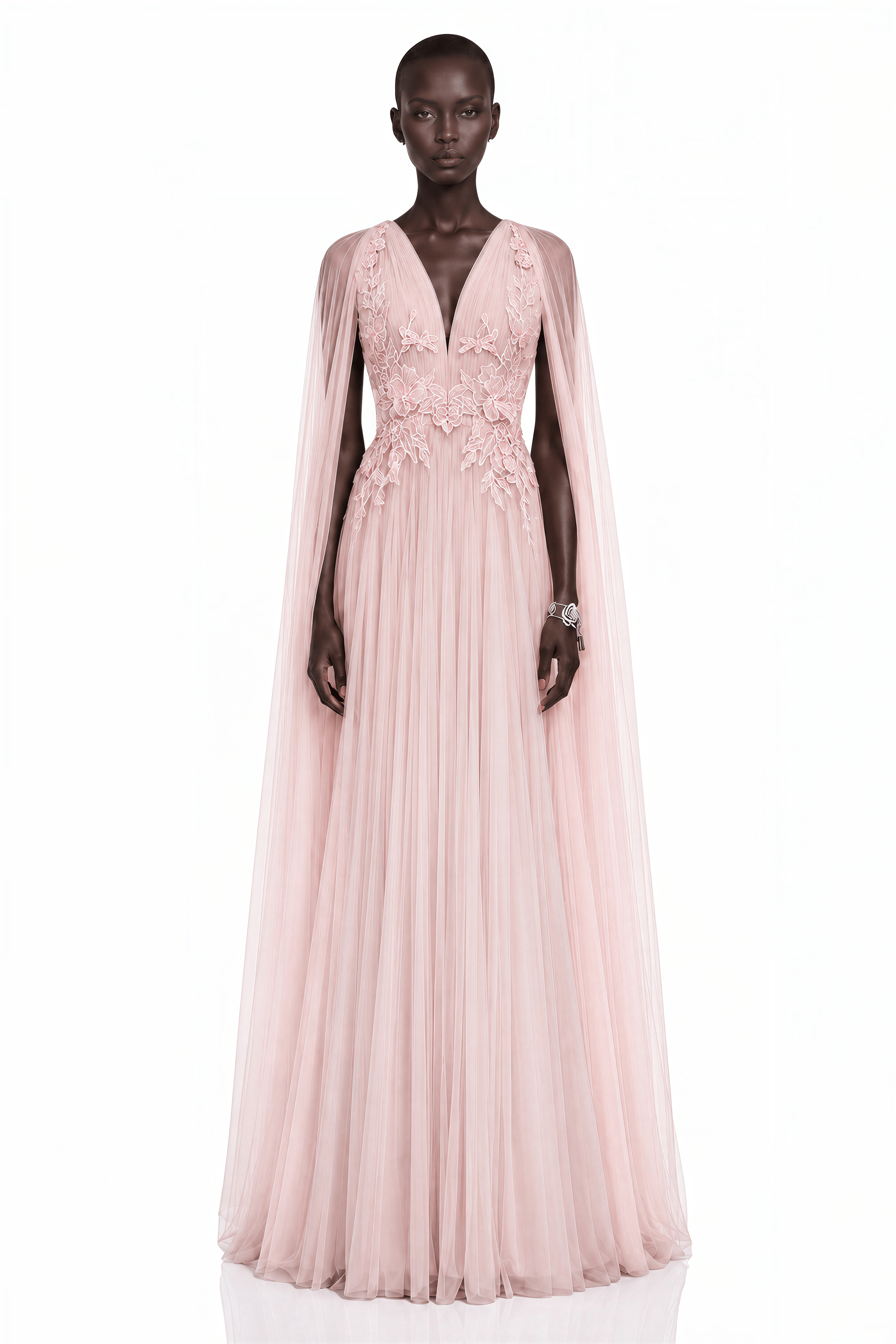 Ophelia Pink Mesh Ruched Maxi Dress with Cape