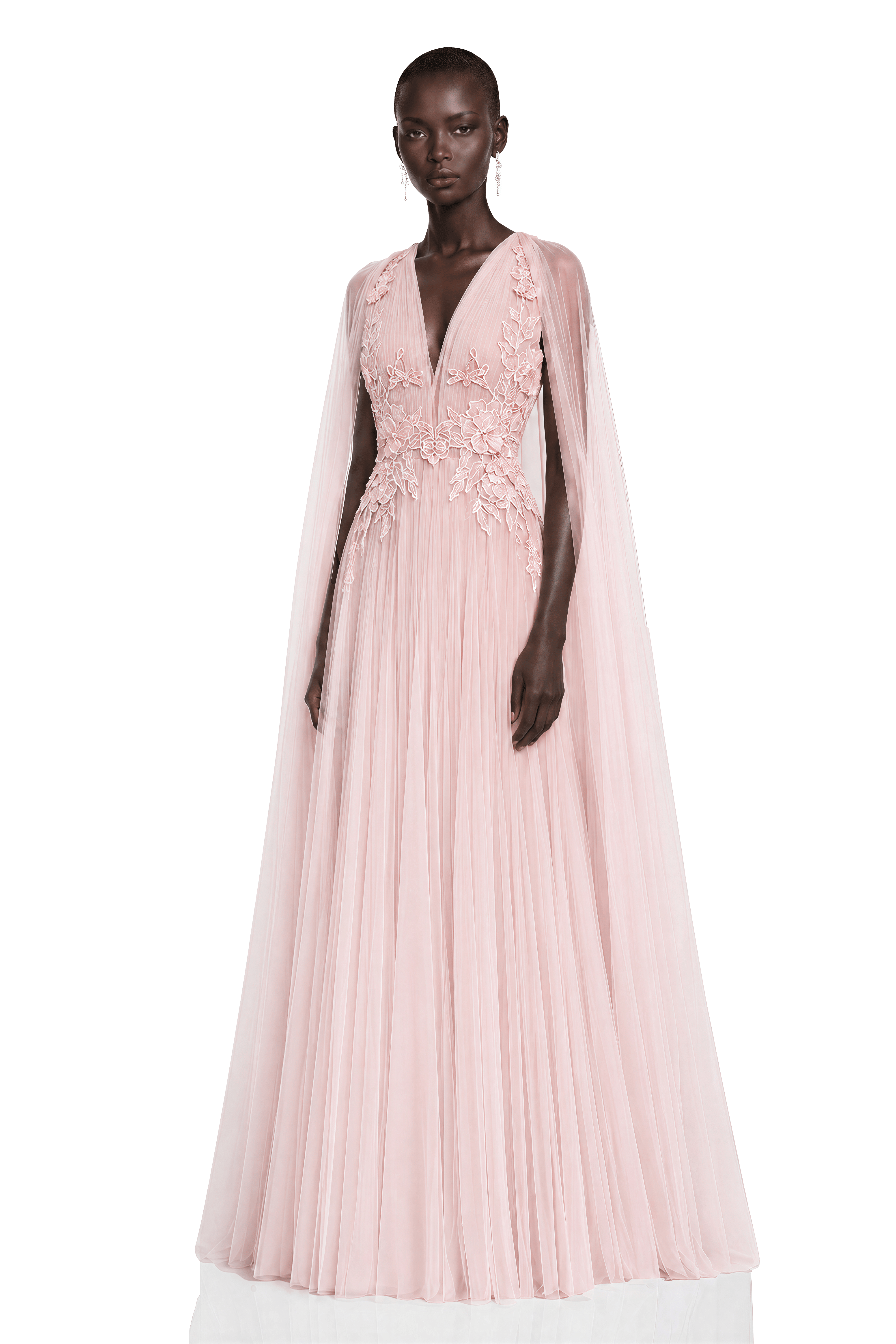 Ophelia Pink Mesh Ruched Maxi Dress with Cape