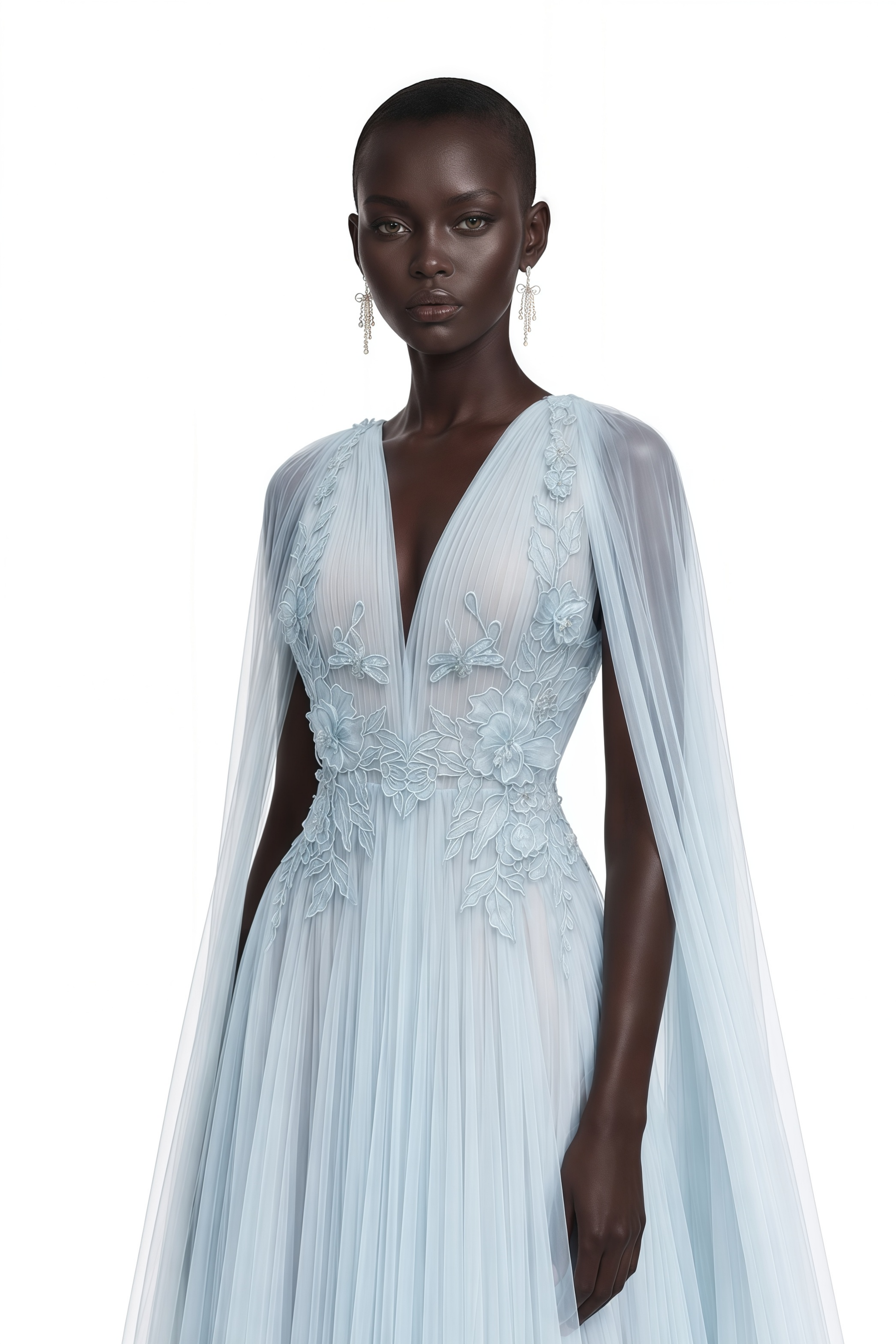 Ophelia Ice Blue Mesh Ruched Maxi Dress with Cape – Miss Rosier