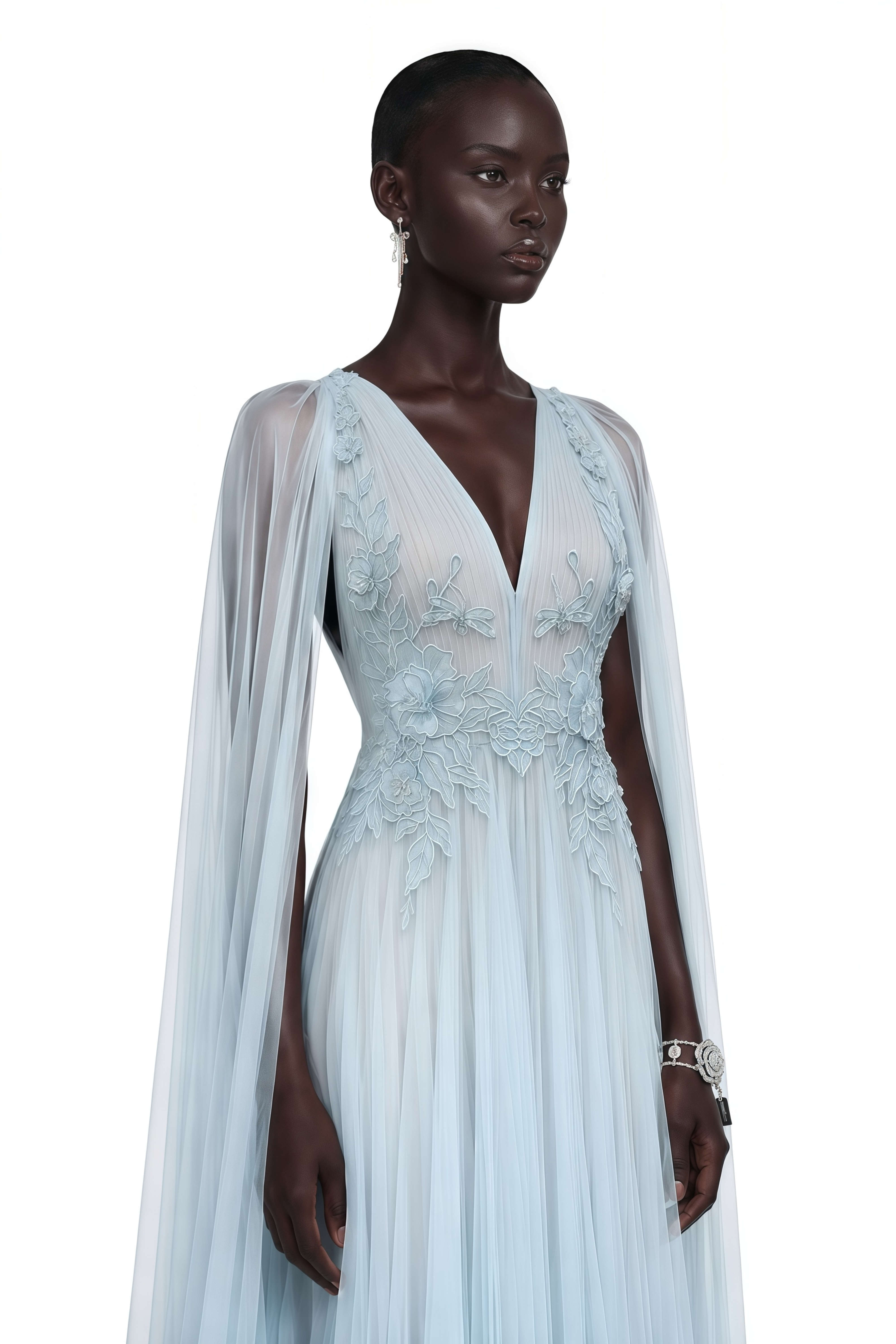Ophelia Ice Blue Mesh Ruched Maxi Dress with Cape – Miss Rosier