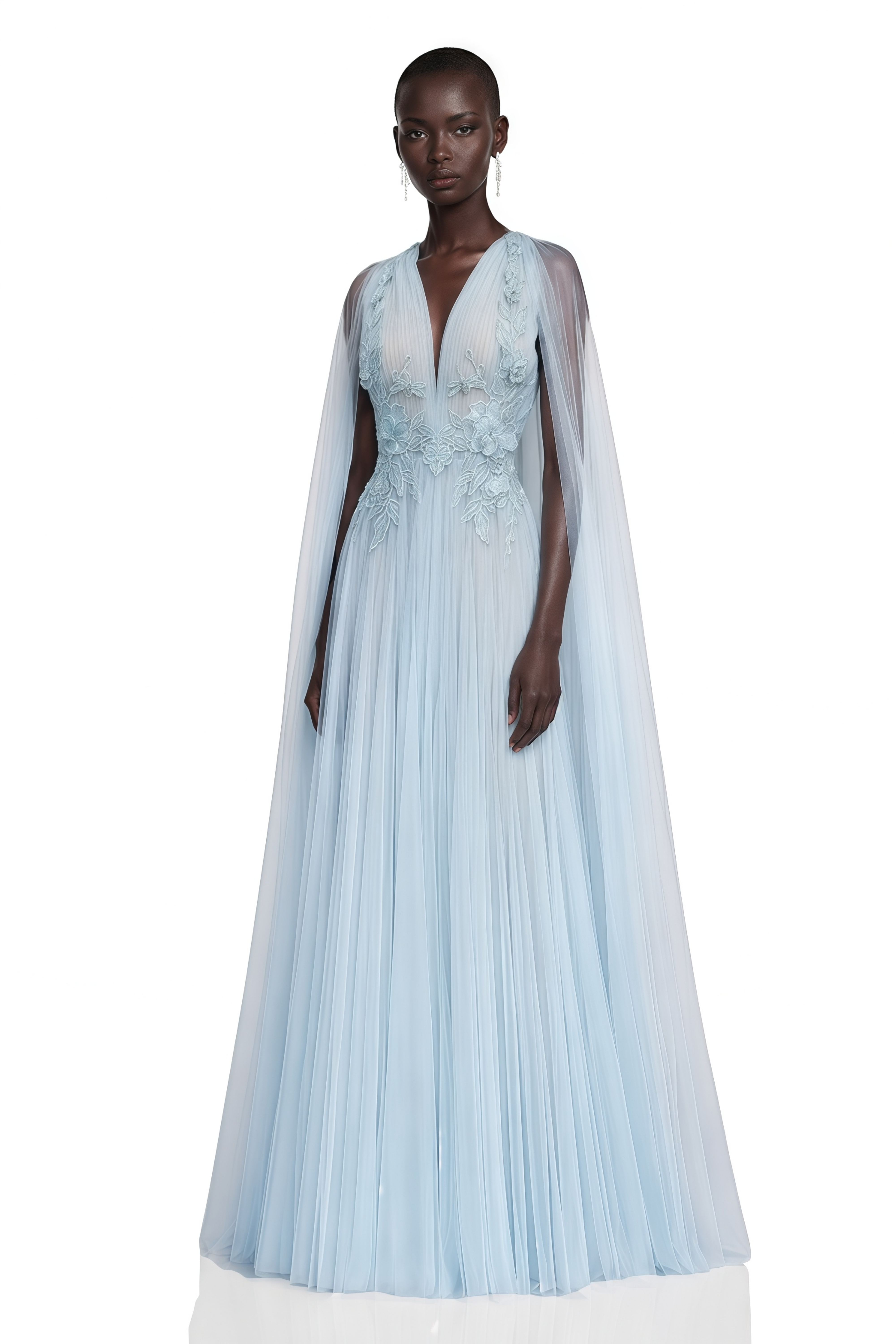 Ophelia Ice Blue Mesh Ruched Maxi Dress with Cape – Miss Rosier