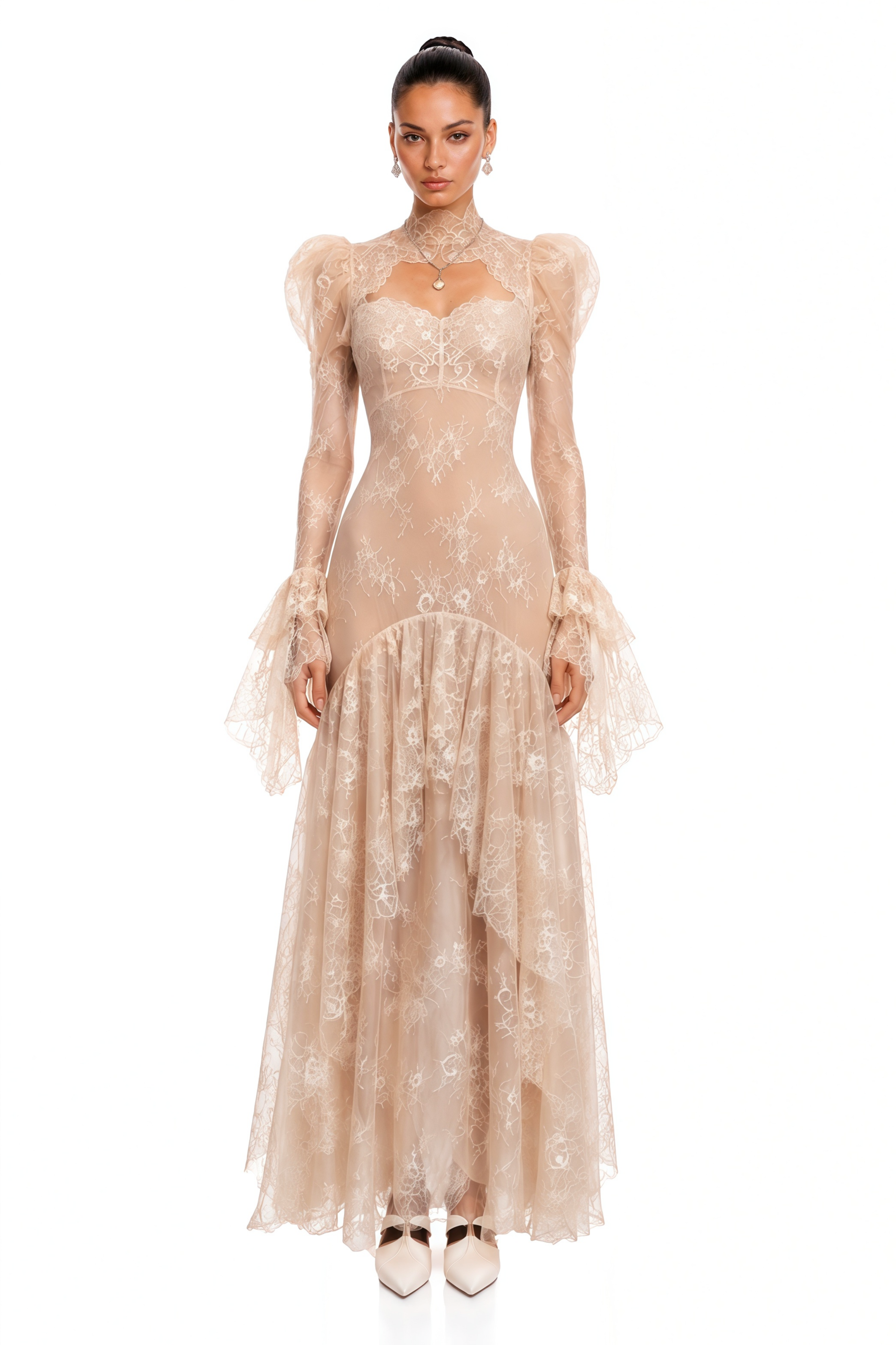 Nude lace high-neck maxi dress with puff long sleeves