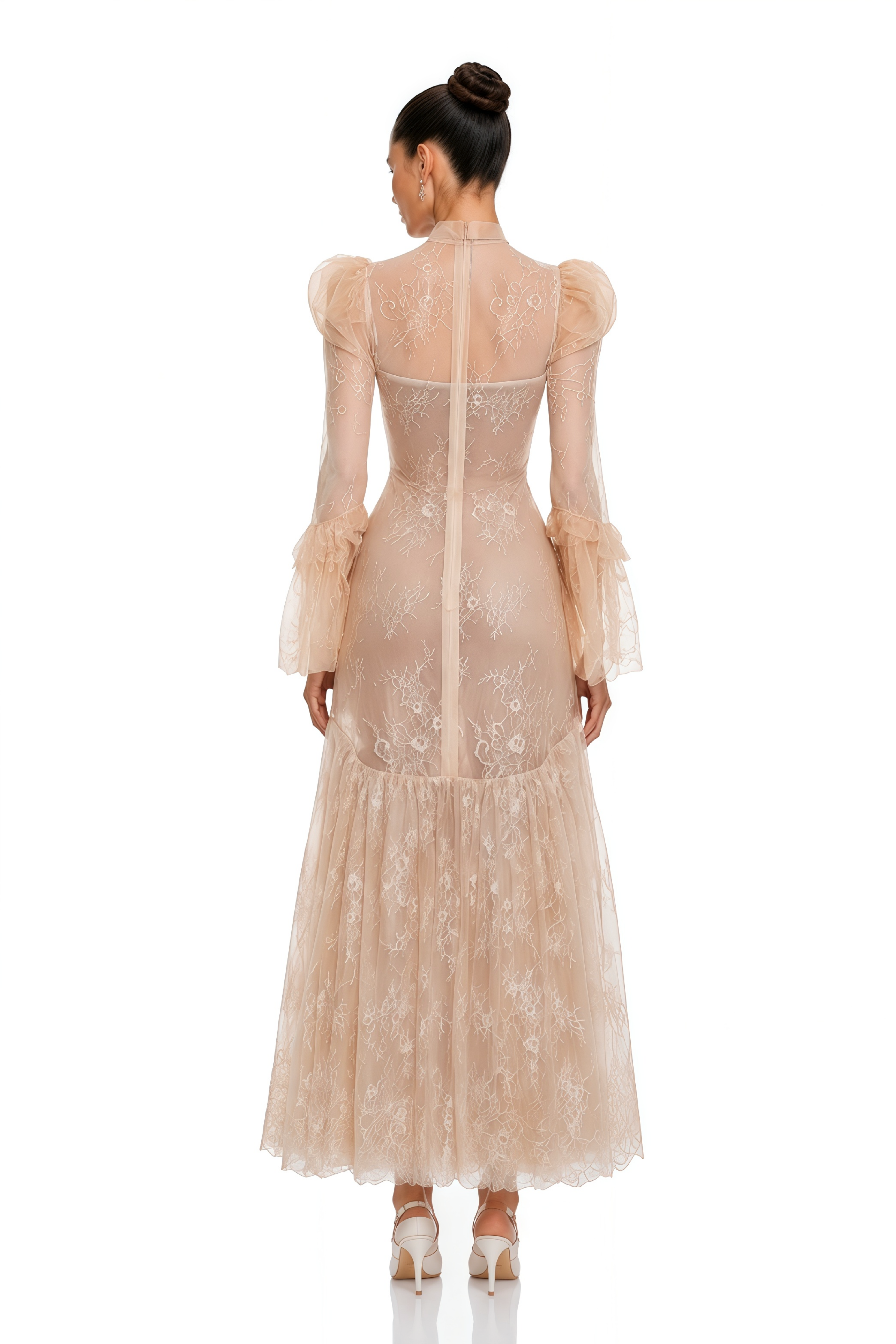 Nude lace high-neck maxi dress with puff long sleeves