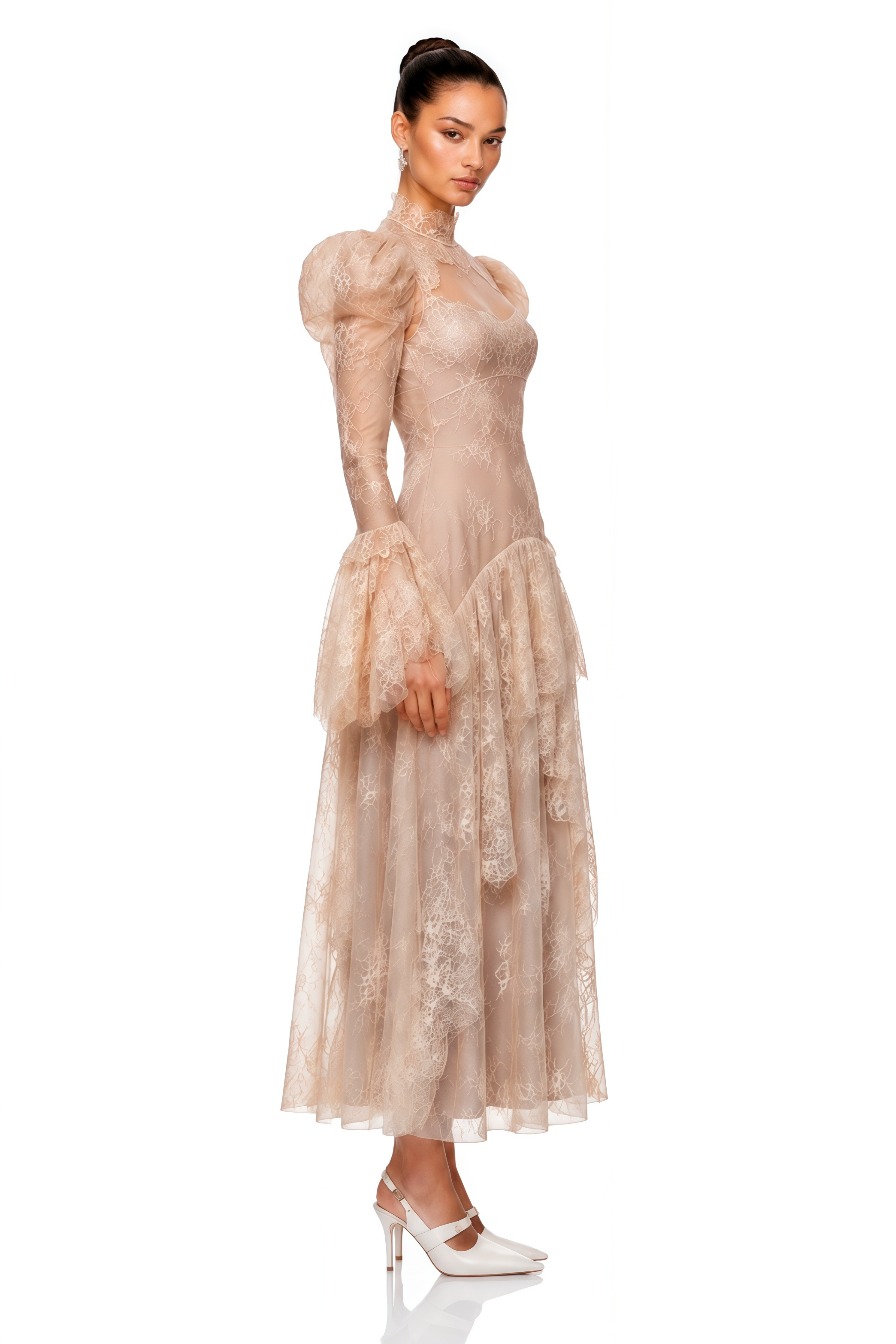 Nude lace high-neck maxi dress with puff long sleeves