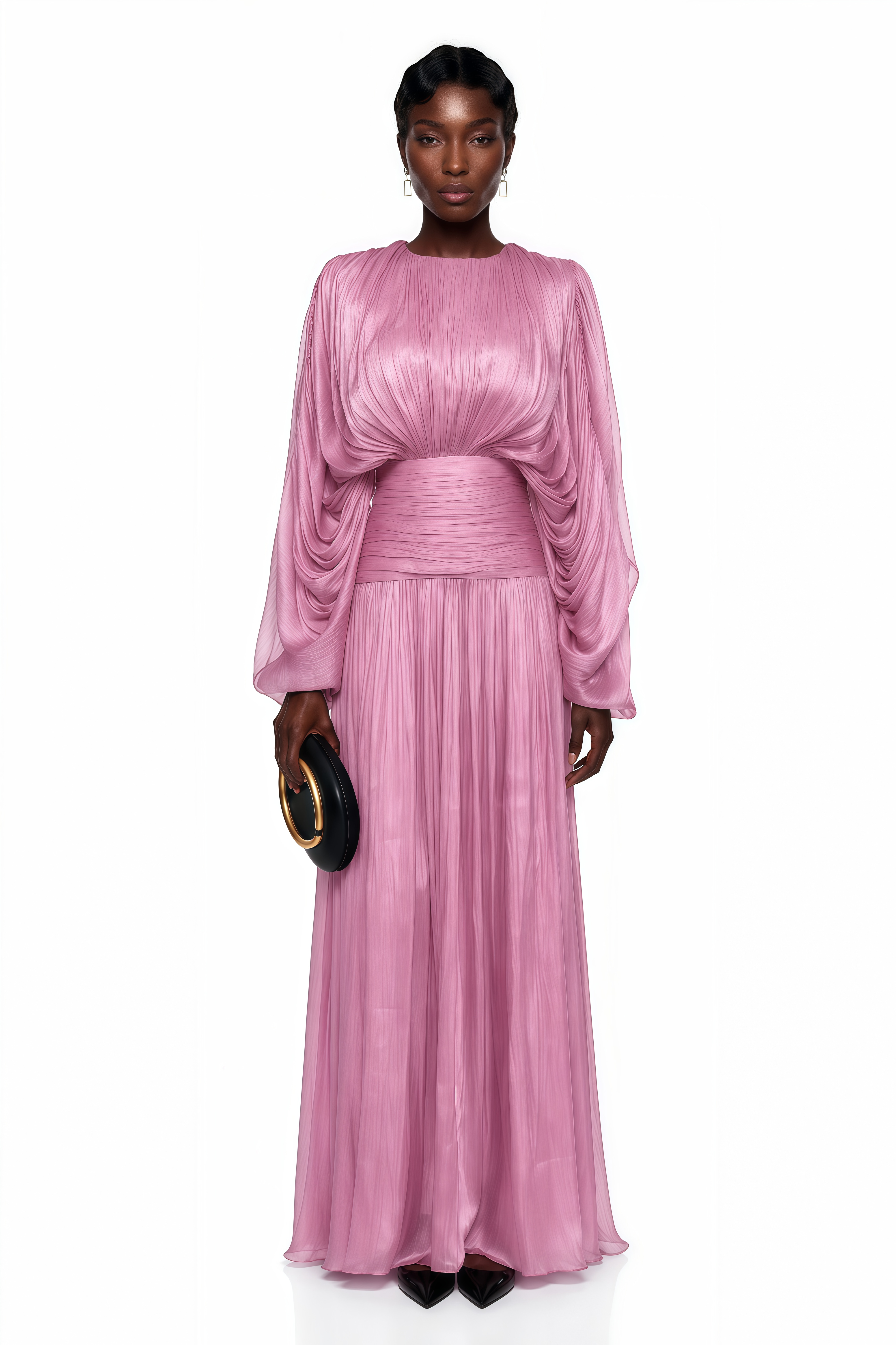 Mauve pink pleated maxi dress with draped long sleeves, a crew neckline, and a wide ruched waistband