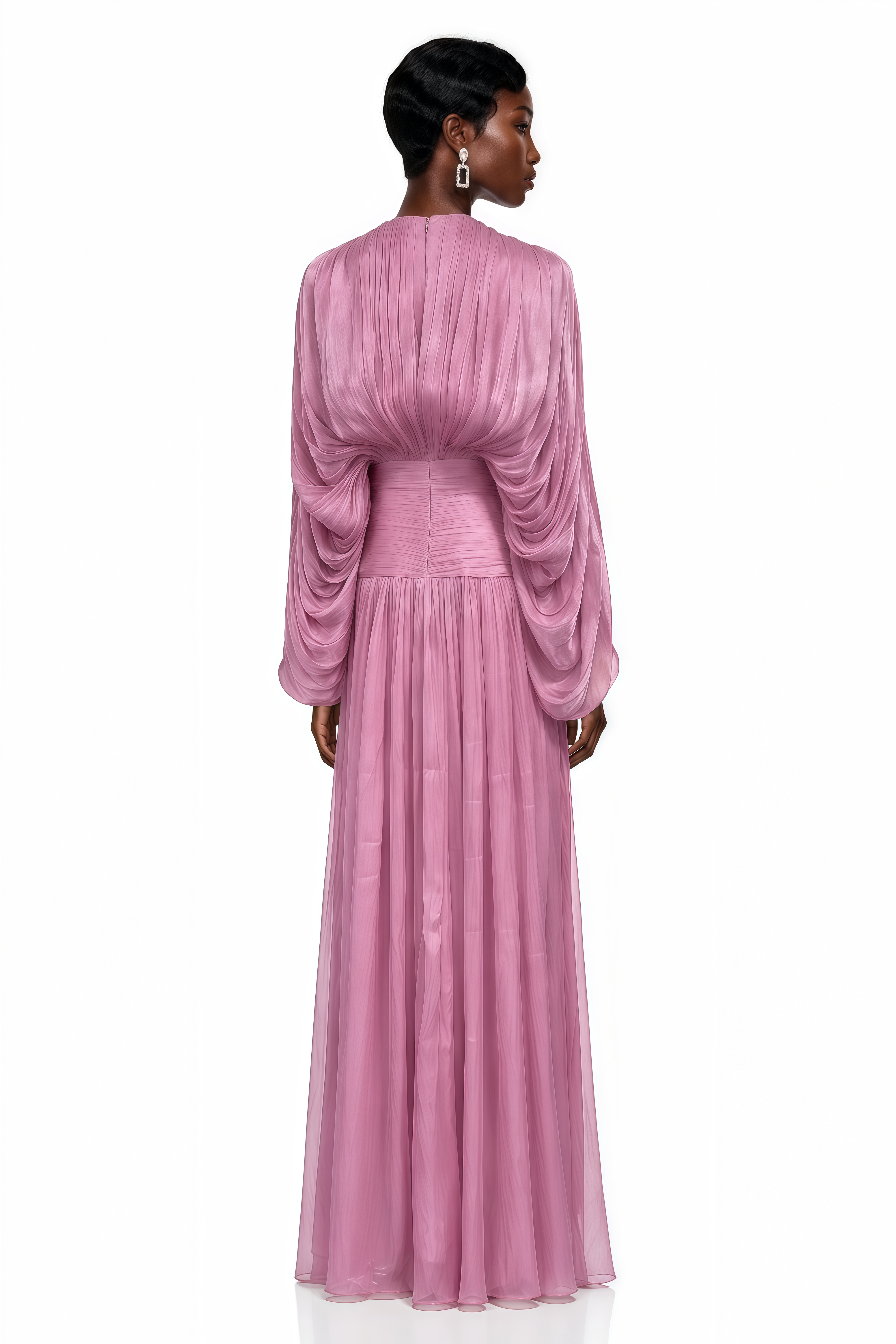 Mauve pink pleated maxi dress with draped long sleeves, a crew neckline, and a wide ruched waistband