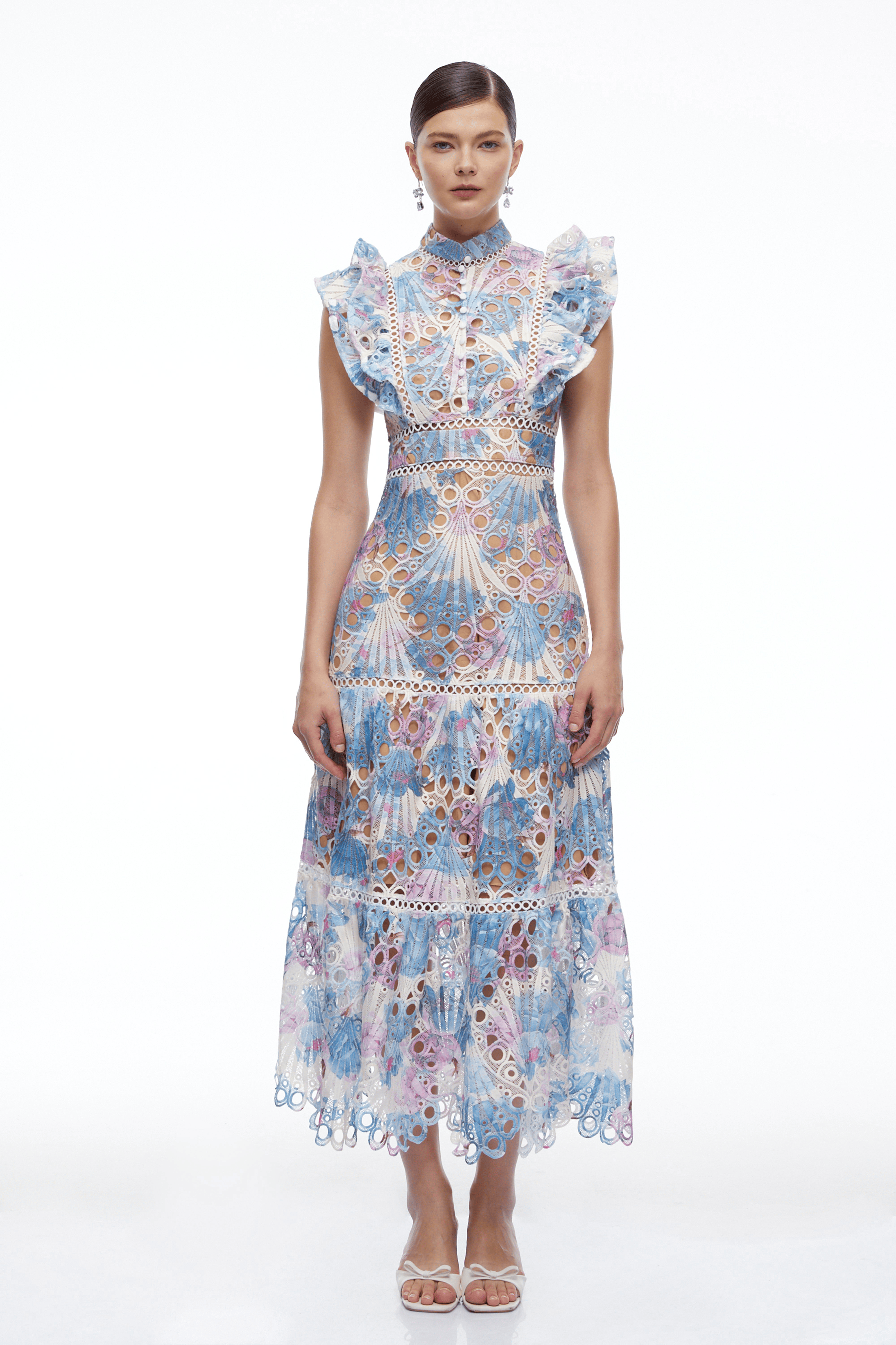 Oriane Blue Floral Print Eyelet Midi Dress with Ruffles