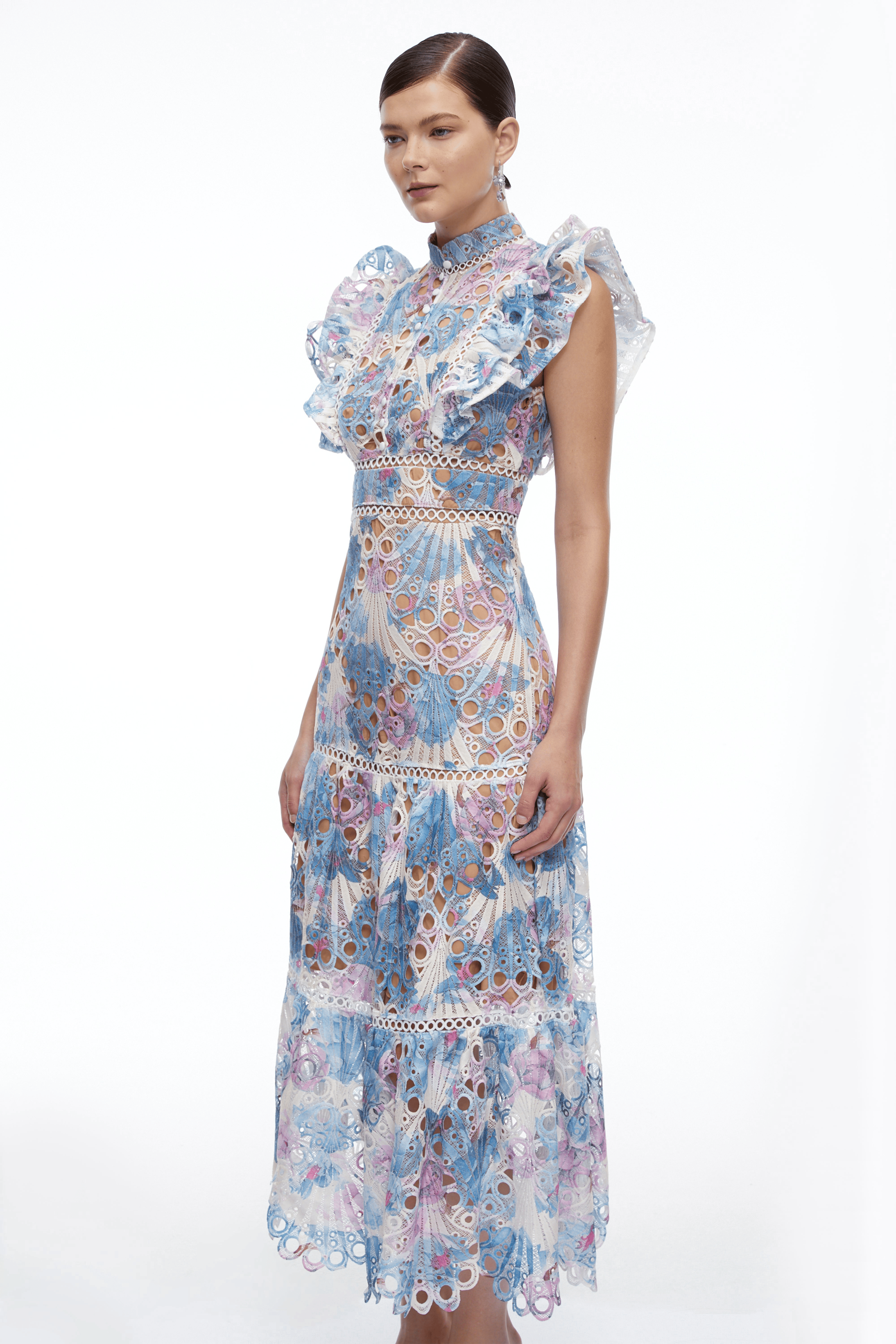 Oriane Blue Floral Print Eyelet Midi Dress with Ruffles