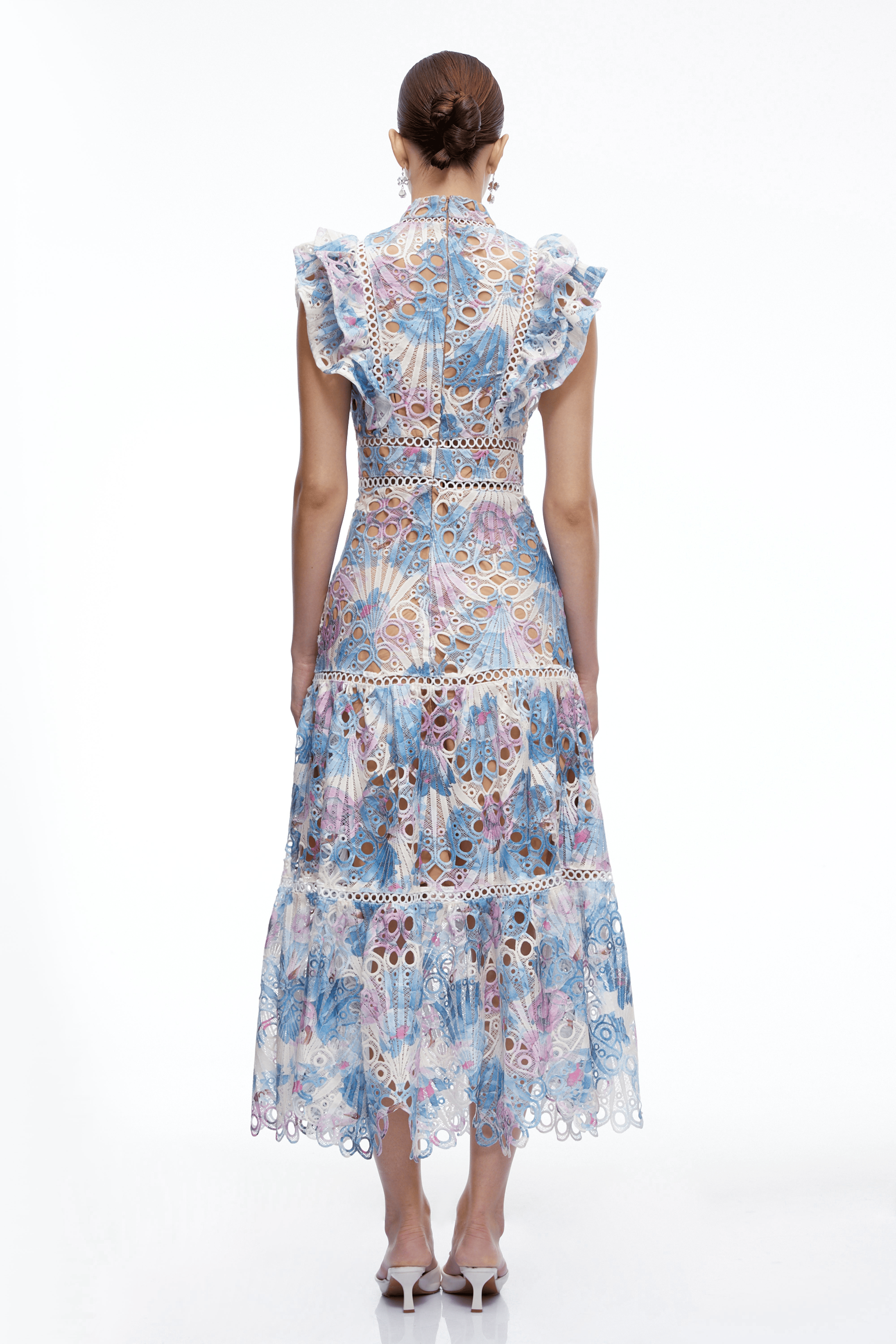 Oriane Blue Floral Print Eyelet Midi Dress with Ruffles
