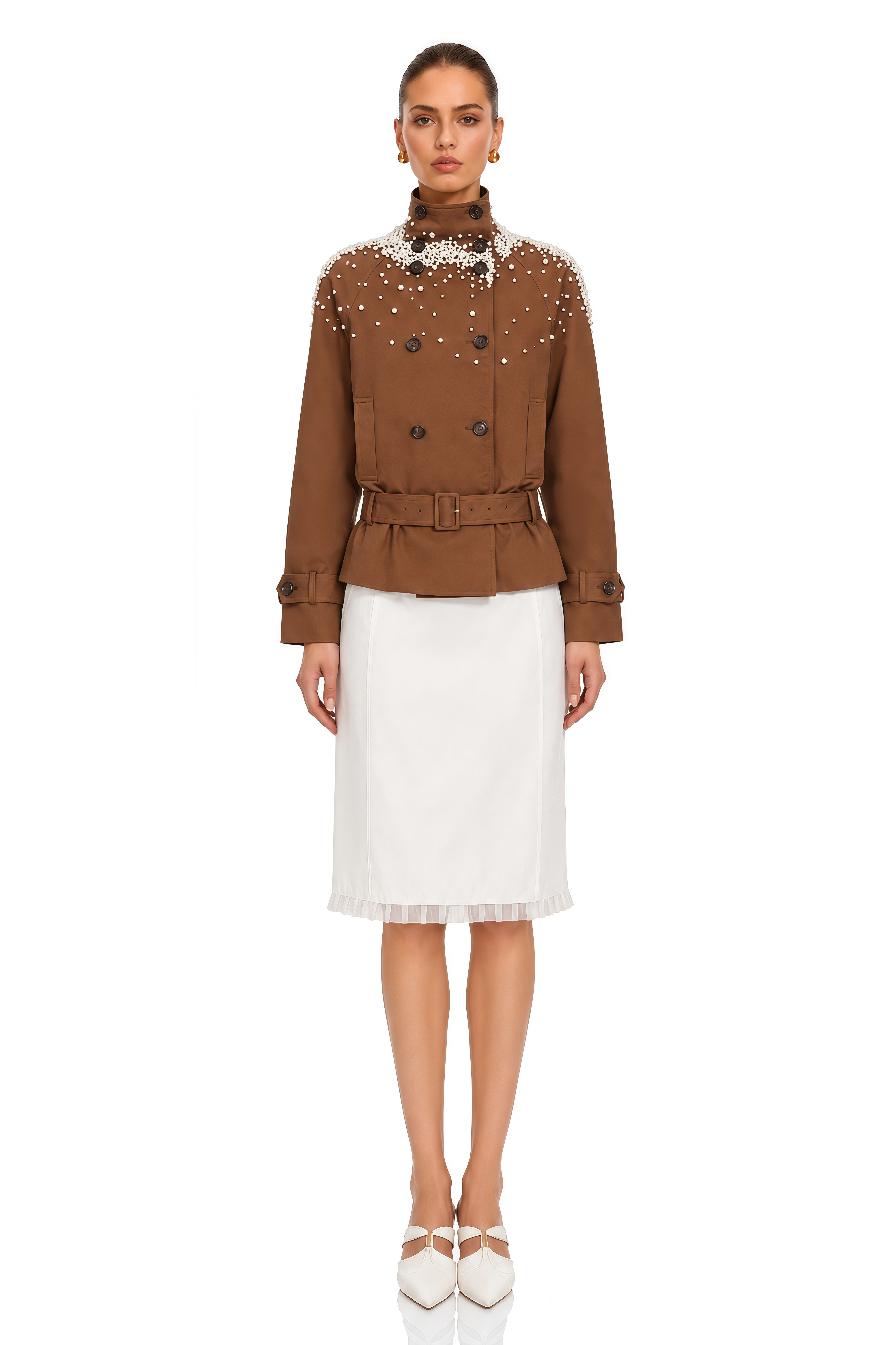 Ottilie Brown Pearl Embellished Belted Jacket