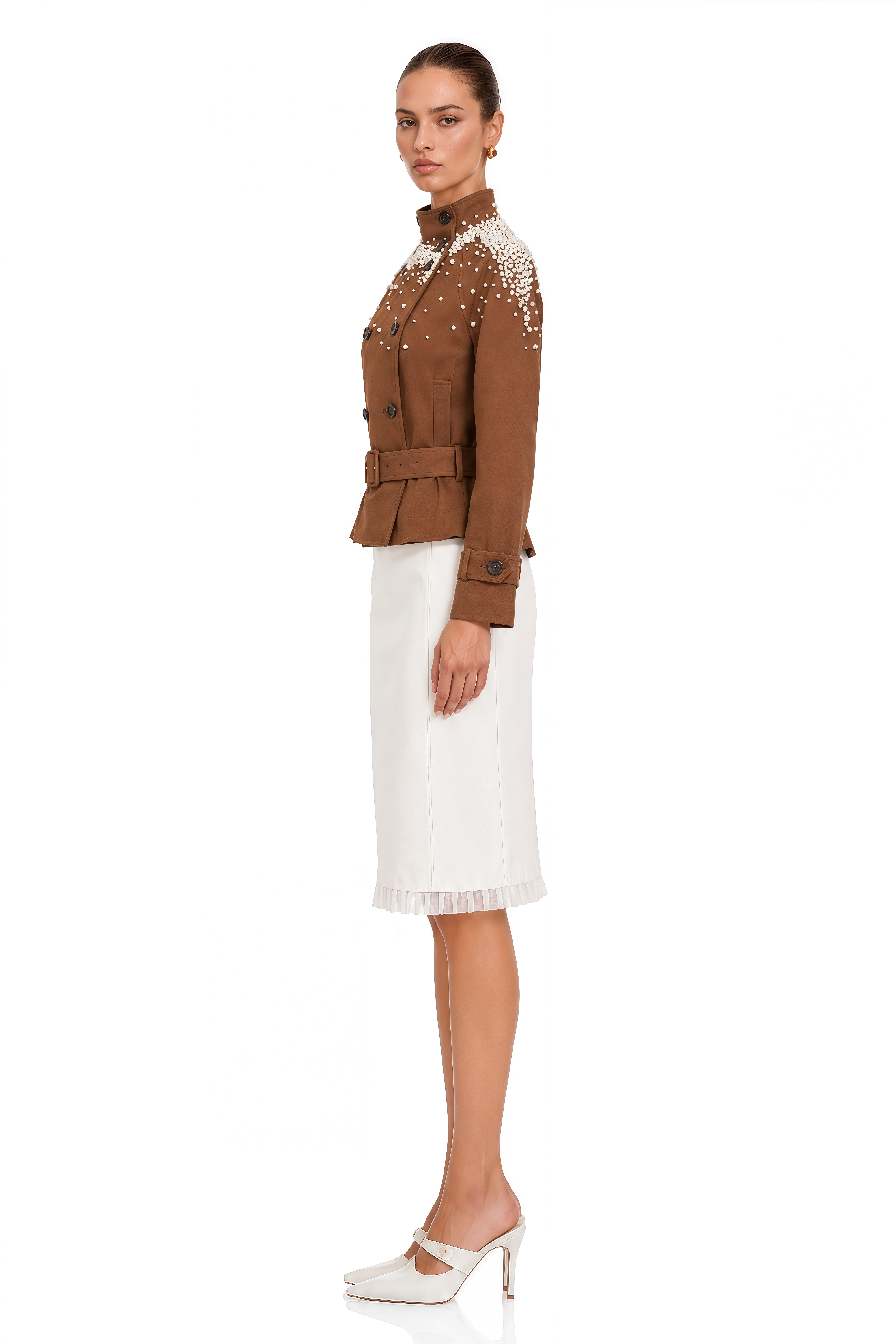 Ottilie Brown Pearl Embellished Belted Jacket