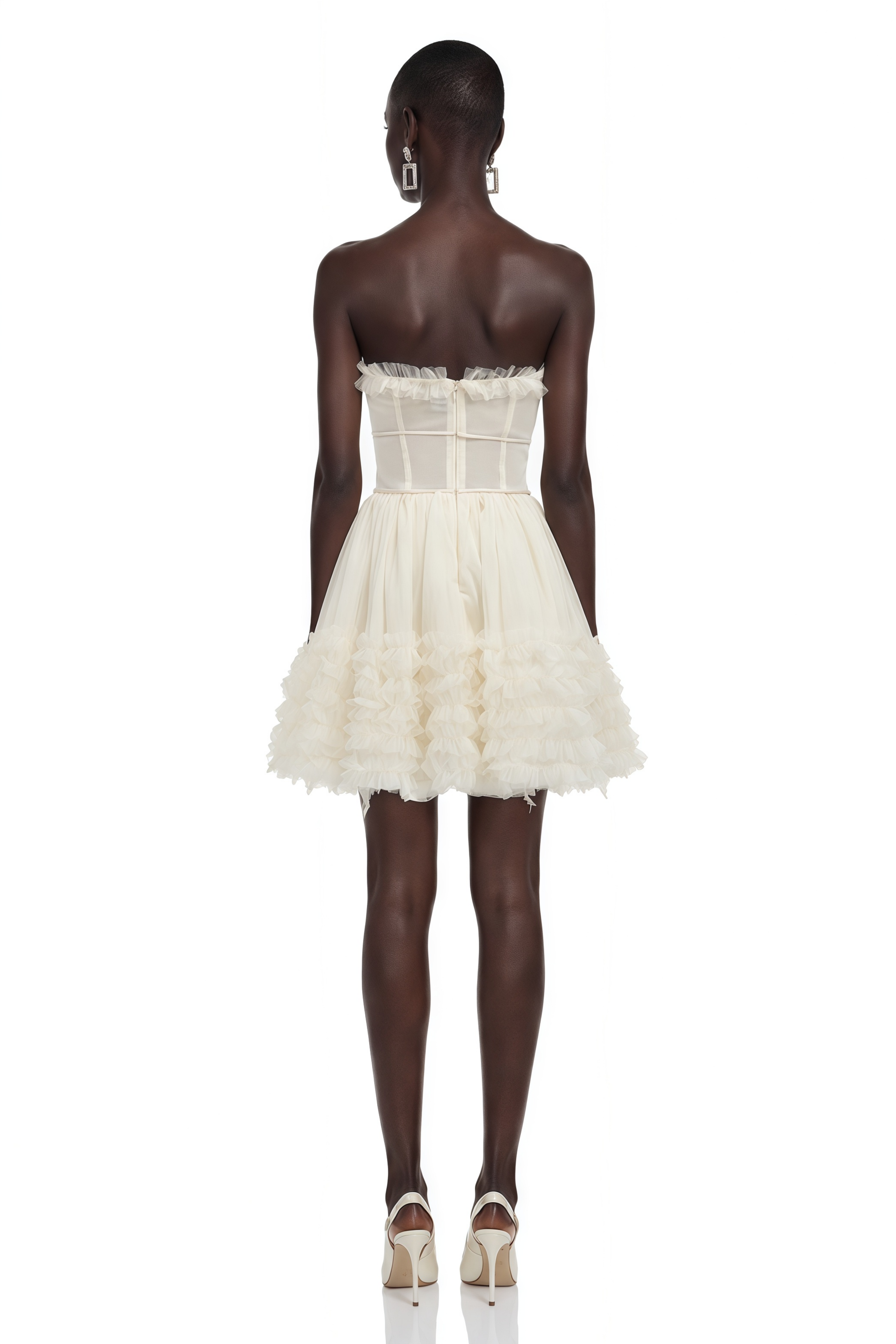 Ottoline Neutral Feather Trim Strapless Mini Dress